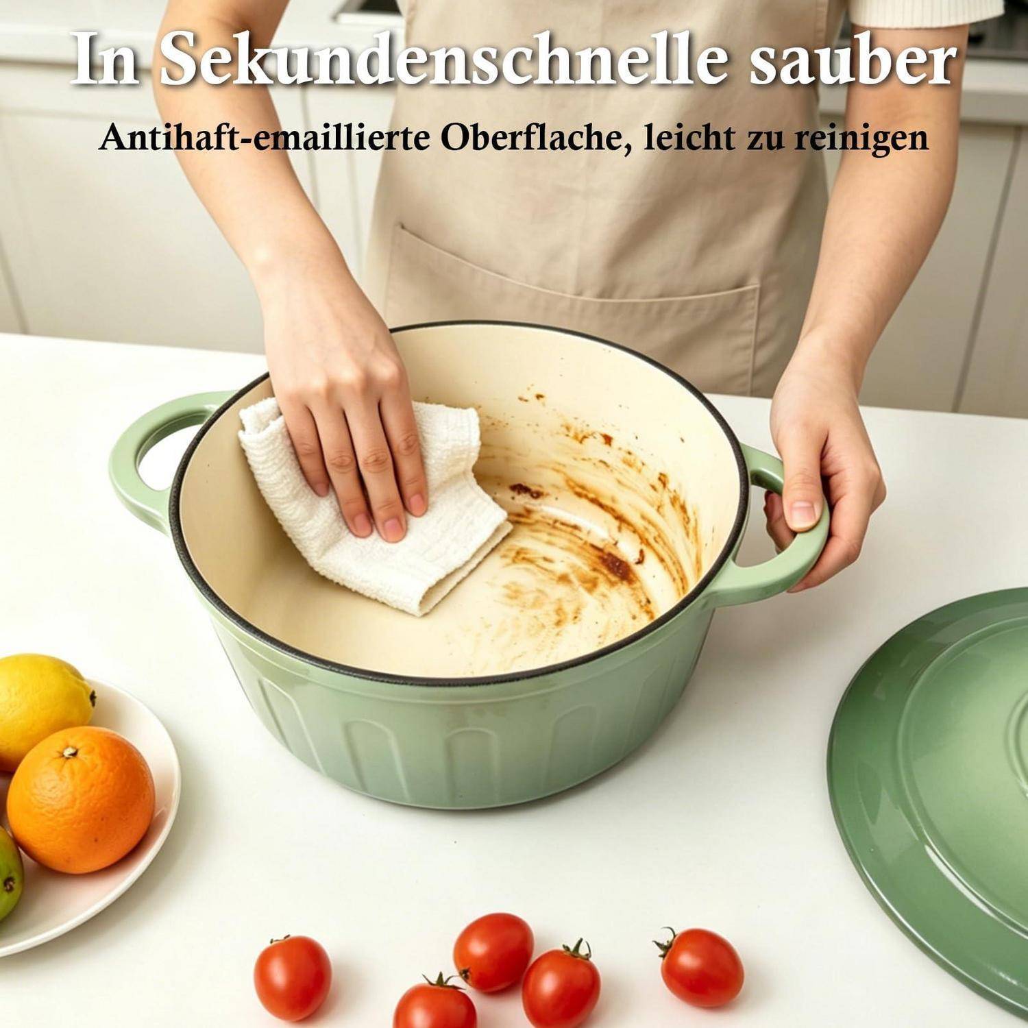 Eine Person wischt einen schmutzigen grünen emaillierten Topf mit einem Tuch sauber; deutscher Text besagt „In Sekundenschnelle sauber" und „Antihaft-emaillierte Oberfläche, leicht zu reinigen"".