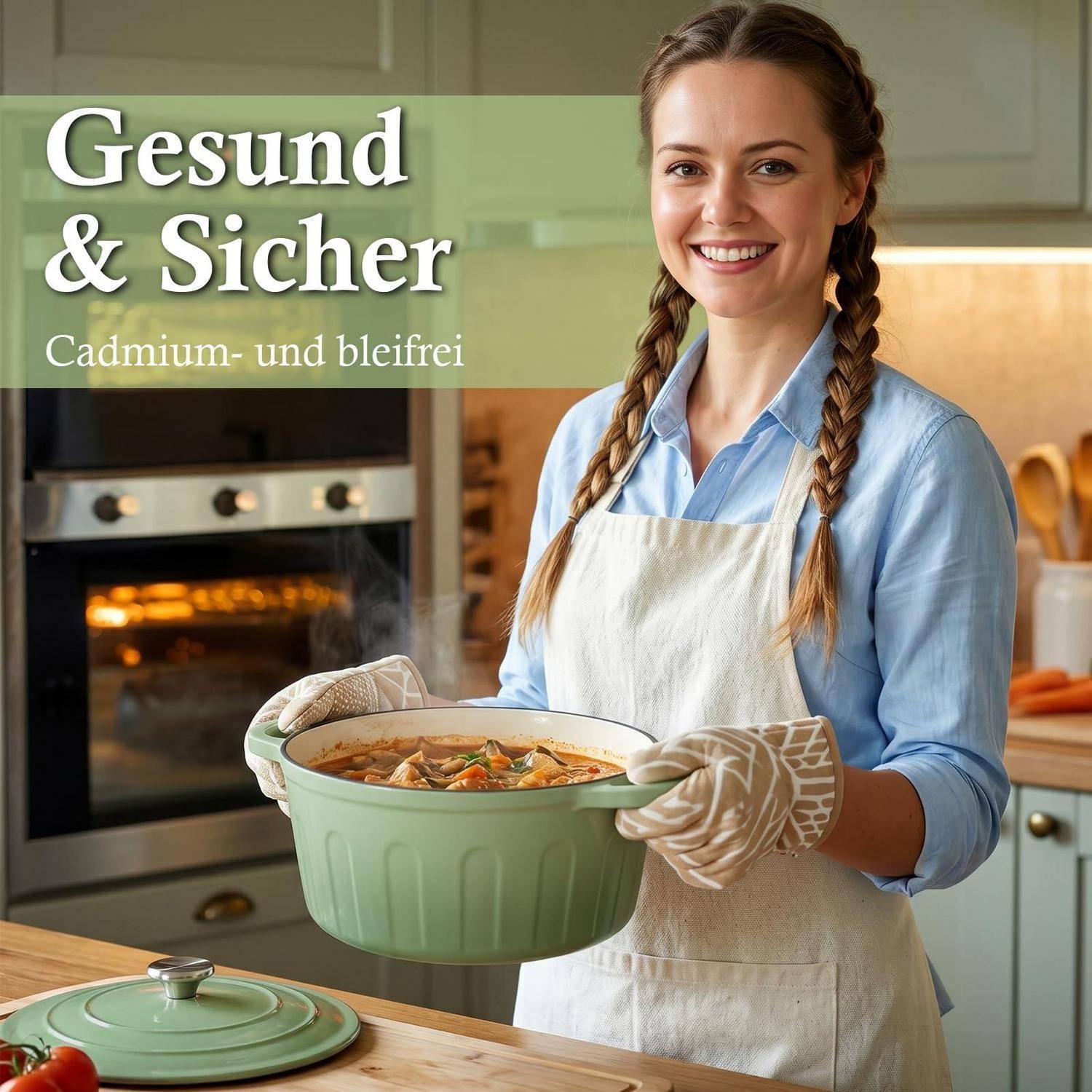 Lächelnde Frau in einer Küche, die eine grüne Backform hält; der Text sagt „Gesund & Sicher" und „Cadmium- und bleifrei"".