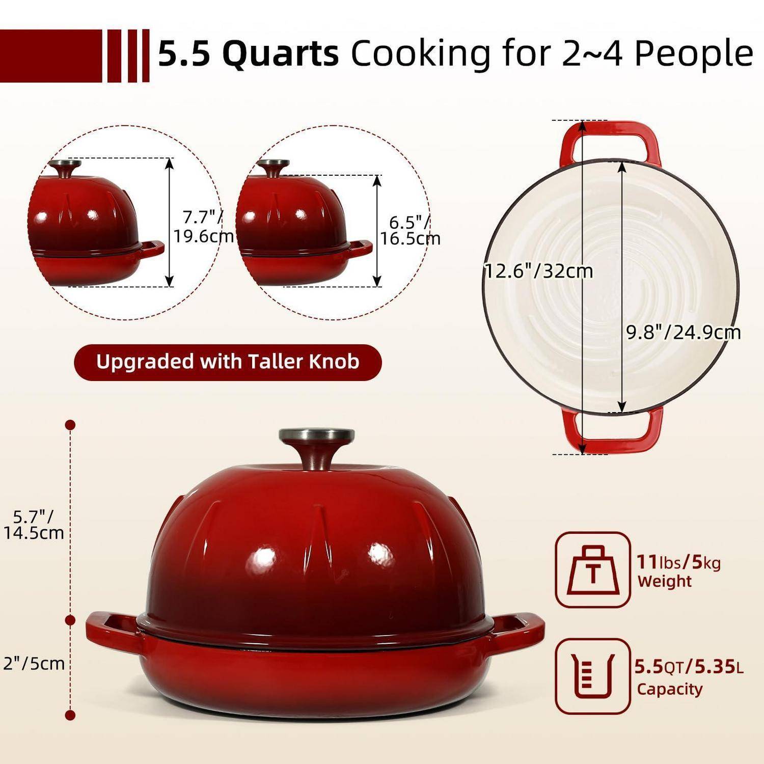 Gusseisen Brotbacktopf 5,35L Kirschrot mit Mini-Ofenhandschuhe