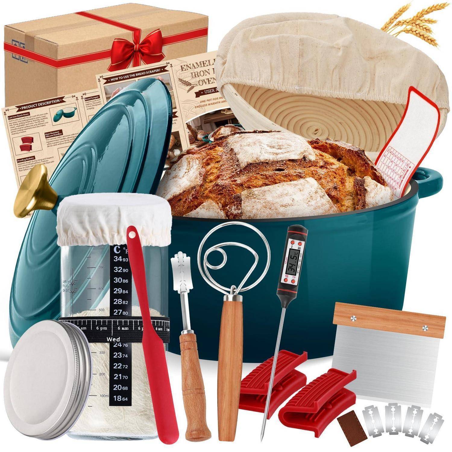 Collage von Backzutaten und Ausrüstung in einer blaugrünen Schüssel: Mehl, Brot, Rührschüssel, Messbecker, Thermometer, Schneebesen, Spatel, Messer und Verpackung.