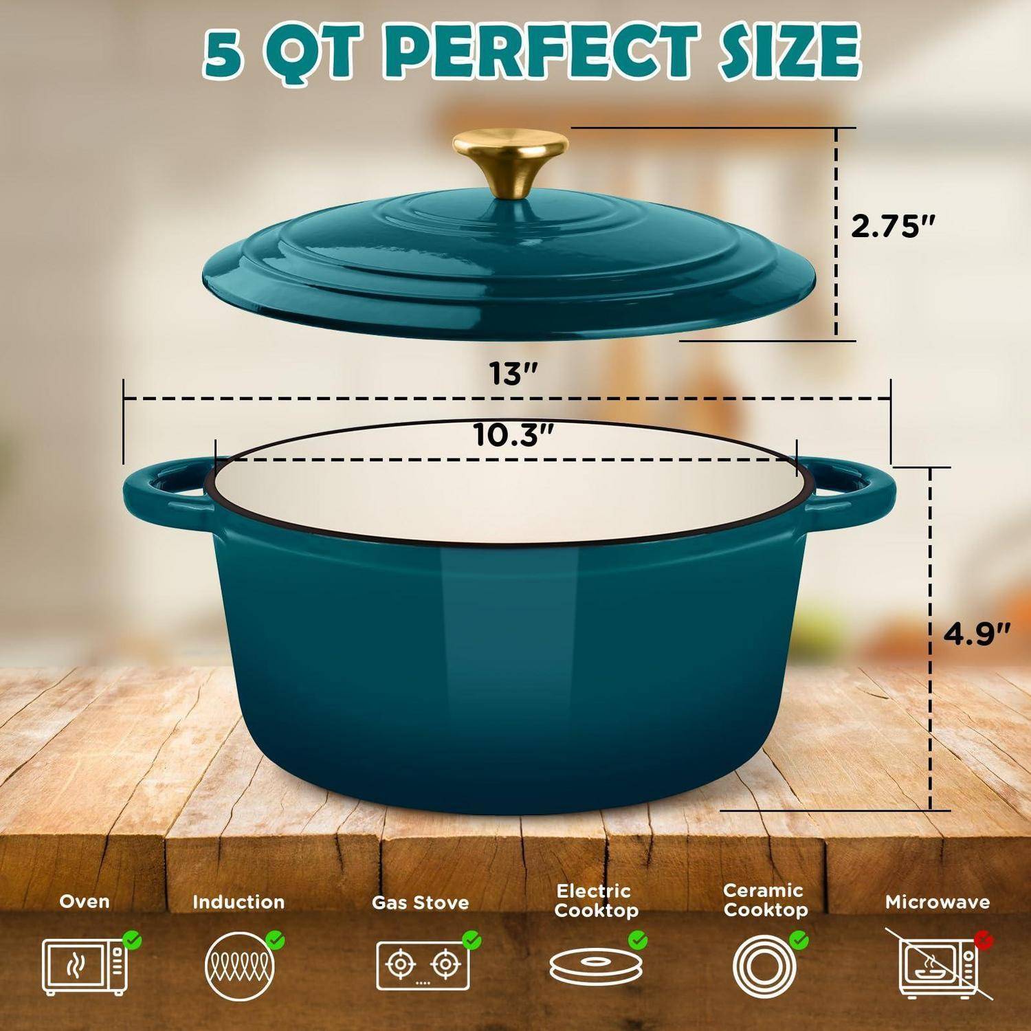 Grafik mit einem 5-Liter-Dutch-Oven in Blaugrün mit Deckel und Abmessungen: 33 cm breit, 12,4 cm hoch, 26,2 cm Öffnung, 7 cm Deckelhöhe; kompatibel mit Ofen, Induktion, Gaskochfeld, Elektro- und Keramikkochfeld, nicht für Mikrowelle geeignet.