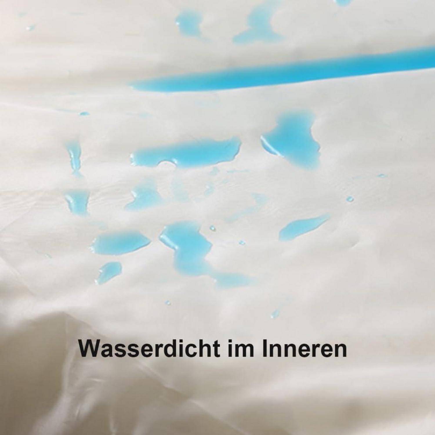 Weiße wasserdichte Oberfläche mit blauen Wassertropfen und deutschem Text „Wasserdicht im Inneren", was „wasserdicht im Inneren"" bedeutet.