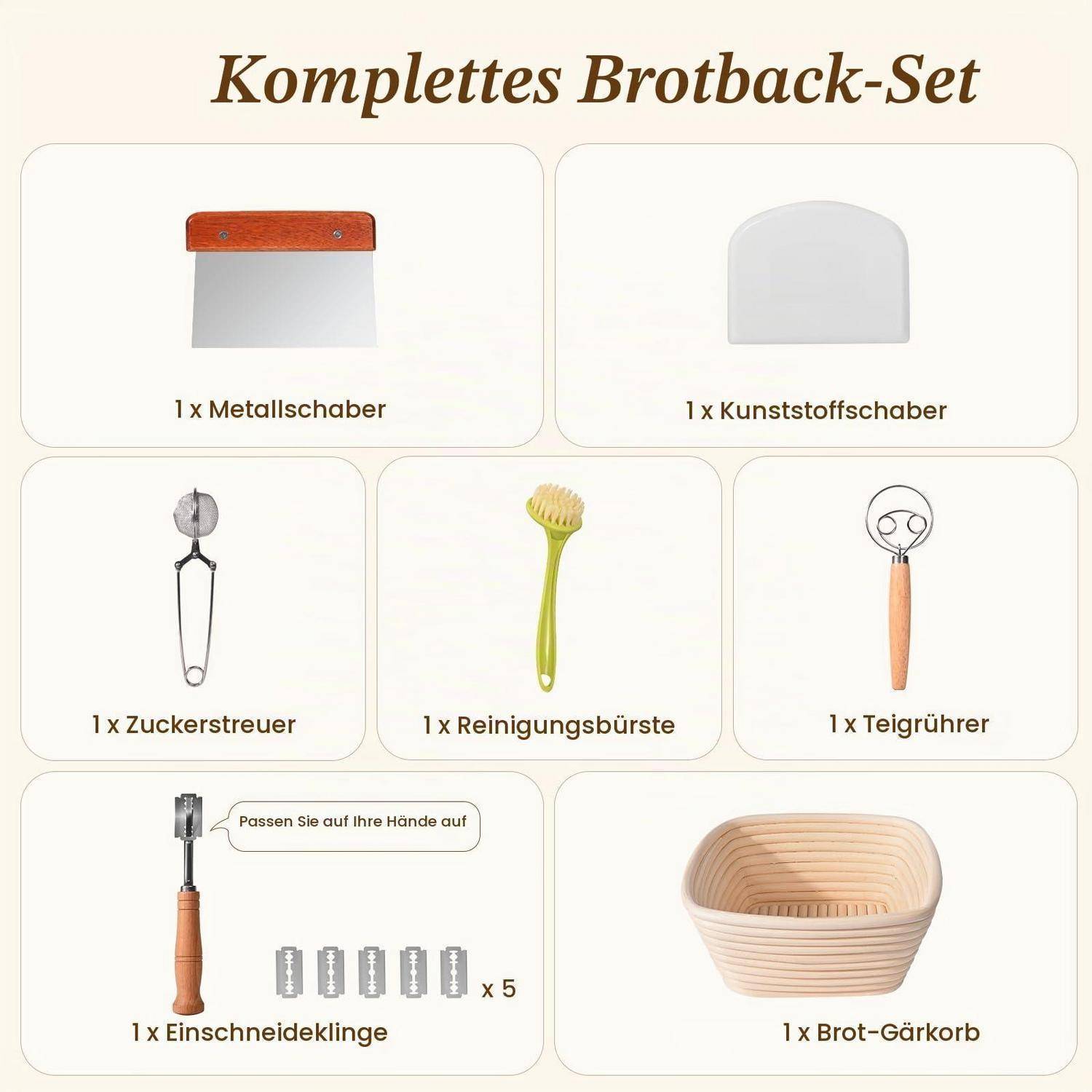 Illustration eines vollständigen Brotbacksets mit deutschen Beschriftungen, das sechs Werkzeuge zeigt: Metallschaber, Kunststoffschaber, Zuckerstreuer, Reinigungsbürste, Teigpeitsche, Schneideklinge und Gärkorb für Brot.