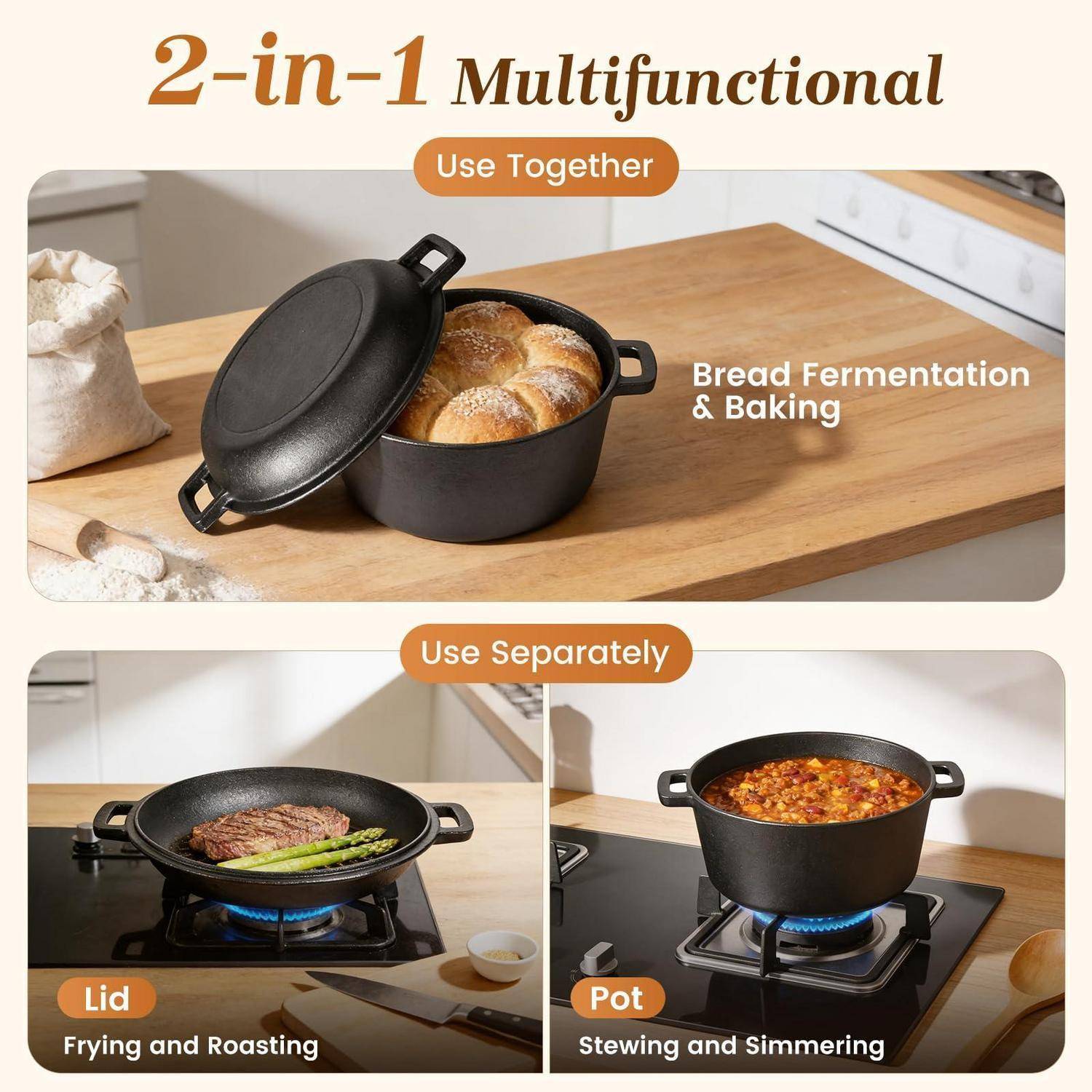 Werbegrafik für einen 2-in-1 Multifunktions-Topf mit Deckel: zusammen verwenden zum Brotgären und Backen oder separat zum Braten, Rösten, Schmoren und Köcheln.