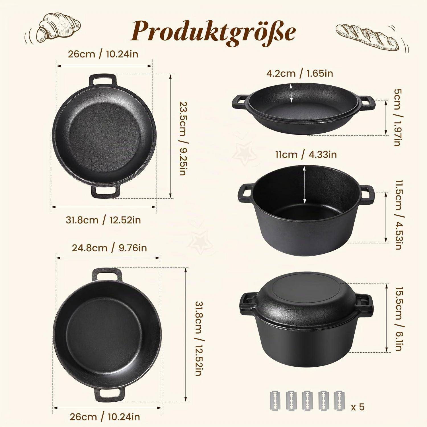Größentabelle für Produkte mit fünf schwarzen Gusseisen-Kochgeschirr-Teilen mit Abmessungen in cm und Zoll, einschließlich Pfannen, einen tieferen Topf, eine flache Pfanne und Deckel.