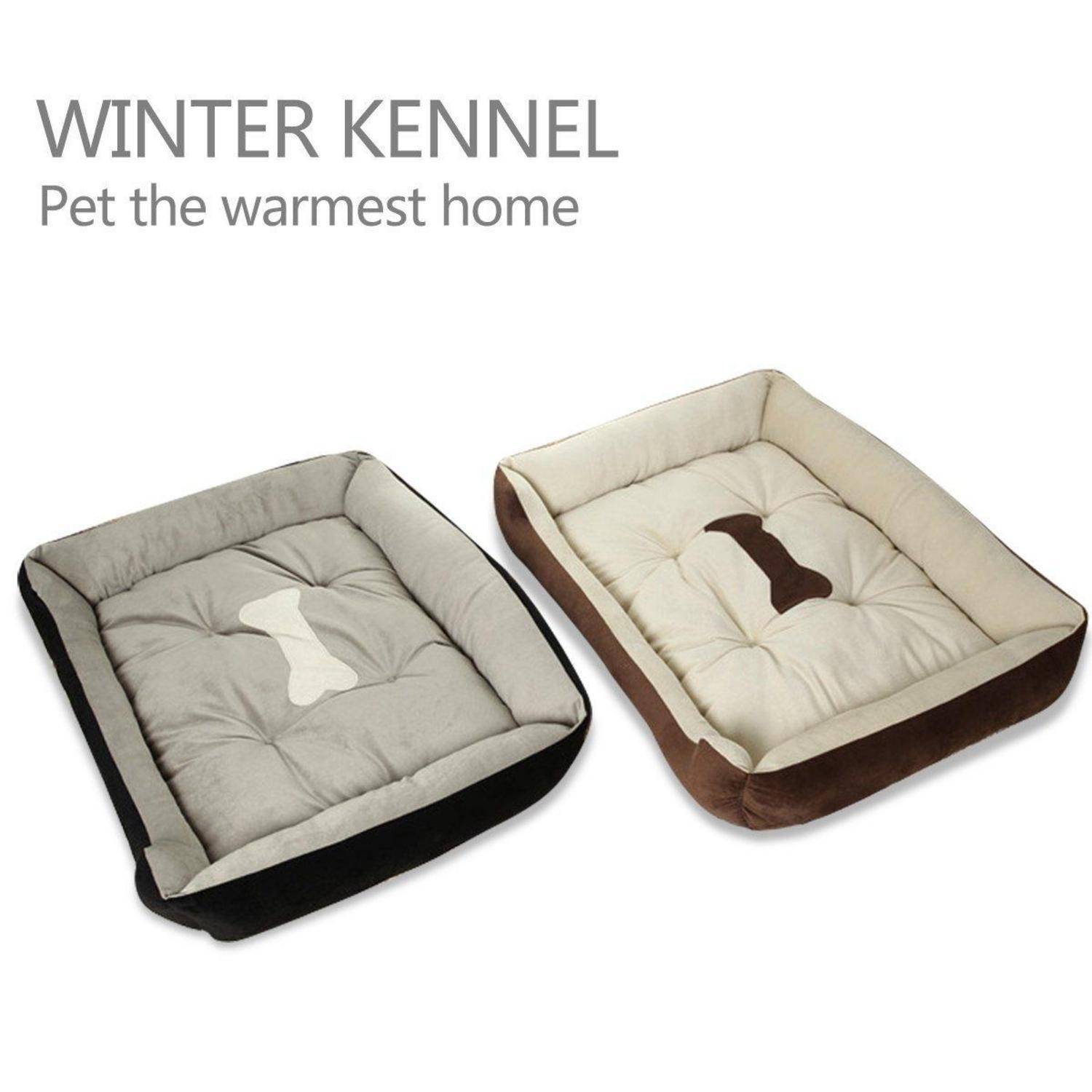 Produktanzeige für 'WINTER KENNEL' Hundebetten, zeigt zwei gepolsterte quadratische Haustierbetten in Grau und Beige mit dem Slogan 'Streicheln Sie das wärmste Zuhause'.