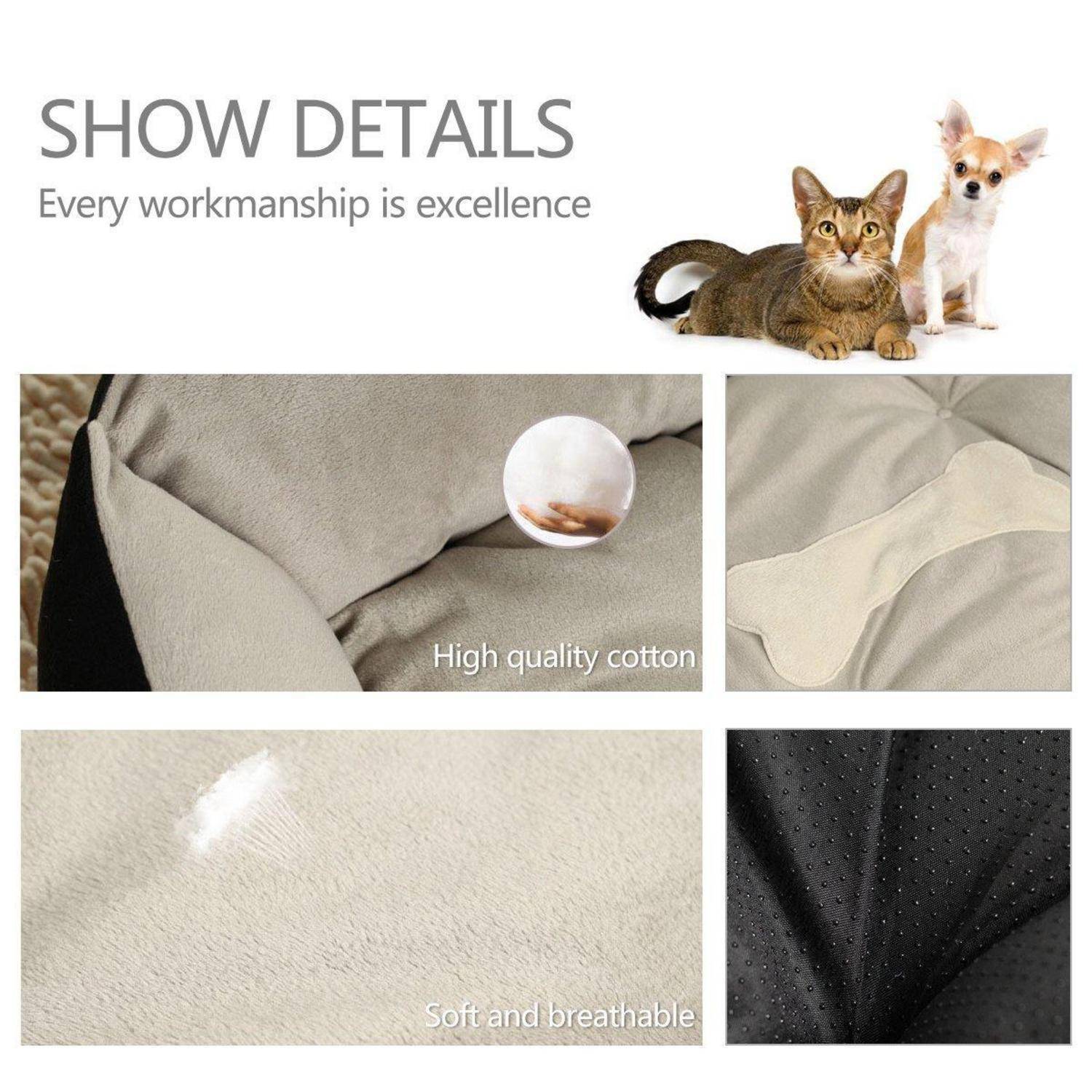 Grafikdetails zum Haustierbett mit einer Katze und einem Hund sowie Nahaufnahmen des Stoffes, gekennzeichnet mit „Hochwertige Baumwolle" und „Weich und atmungsaktiv"".