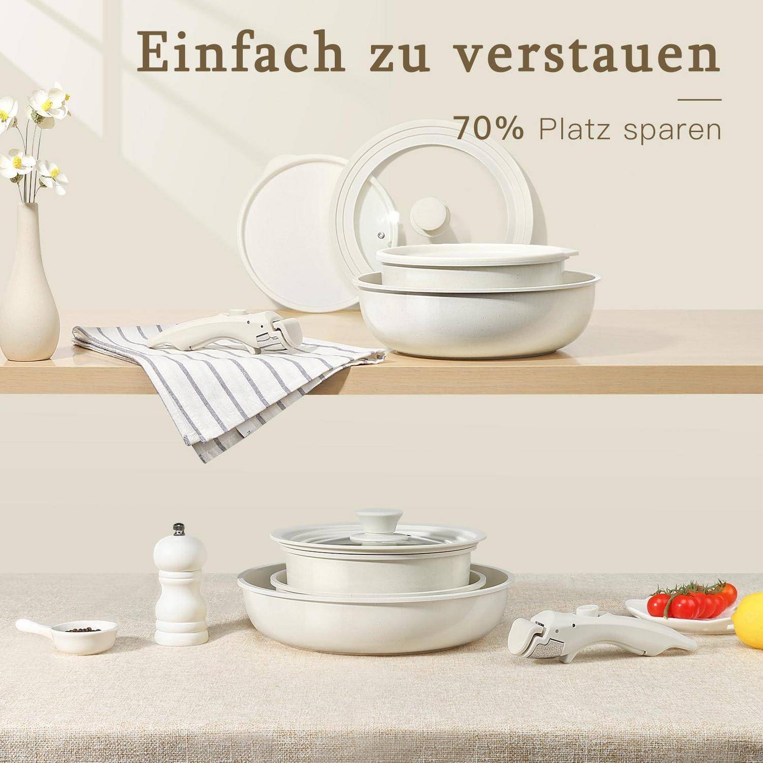 Deutsches Angebot mit stapelbarem Kochgeschirr und Deckeln, das 70% Platz spart, mit dem Text „Einfach zu verstauen" und „70% Platz sparen"".
