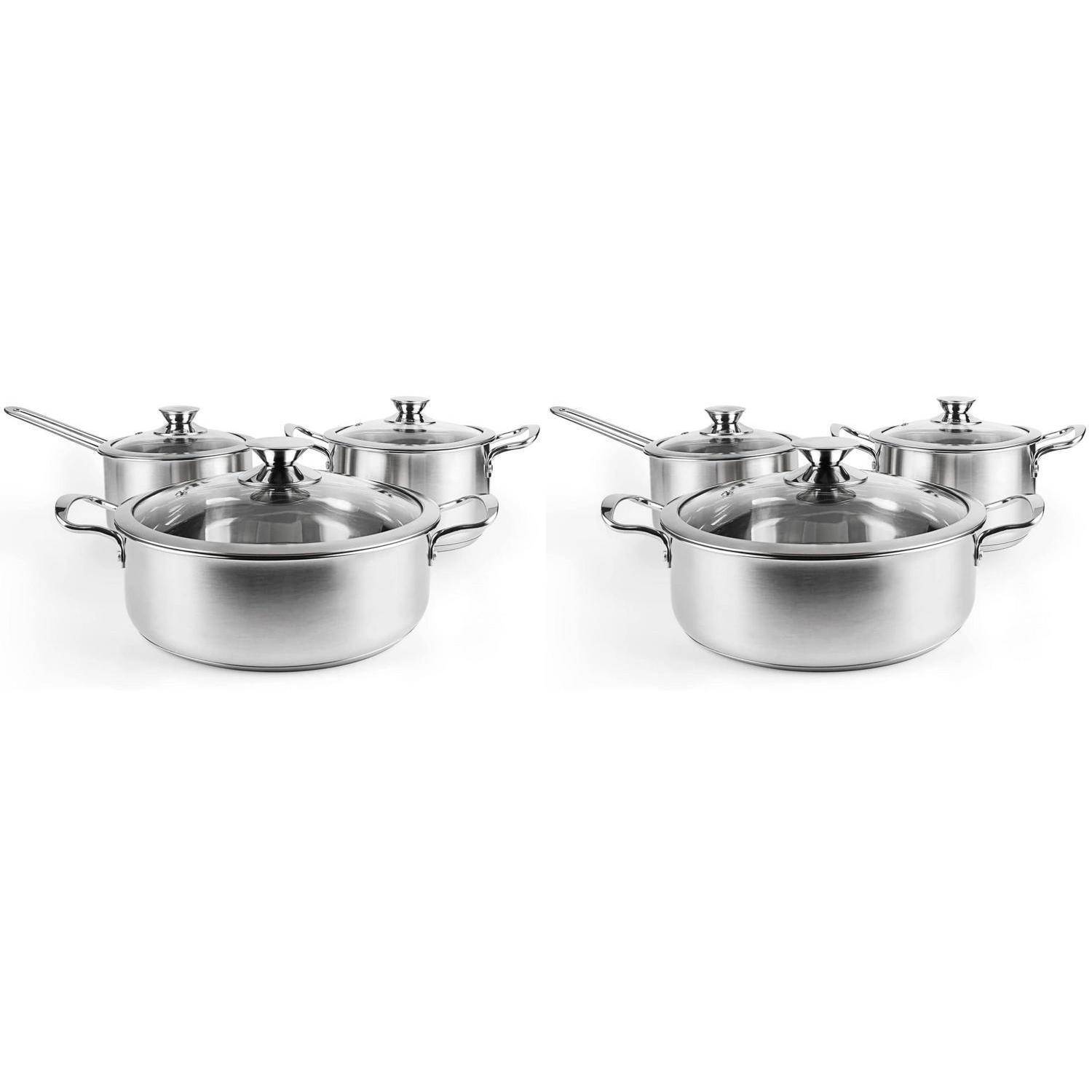 Zwei gespiegelte Sets aus Edelstahl-Kochgeschirr, jeweils mit einem Kochtopf und zwei Töpfen mit Deckel, auf weißem Hintergrund angezeigt.