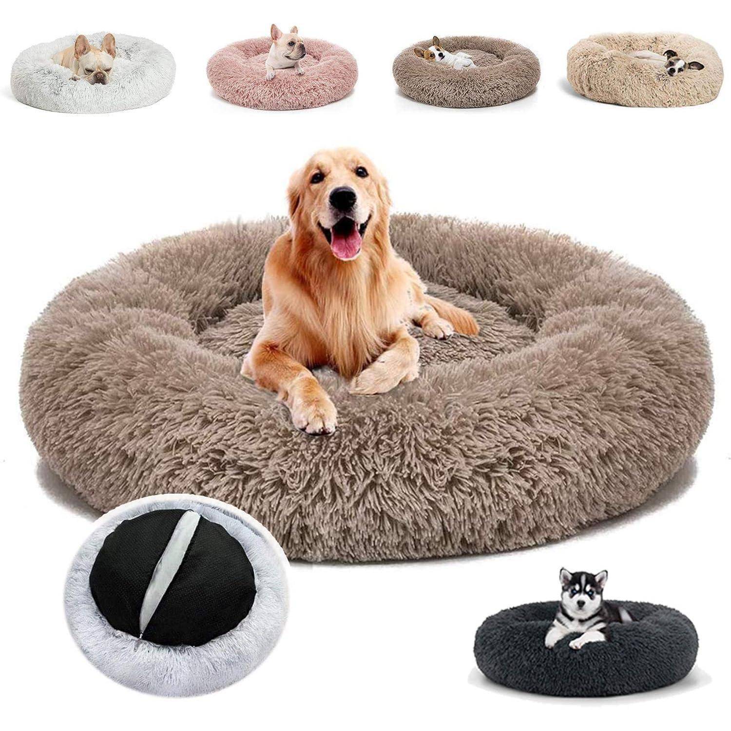 Goldenretriever, der auf einem großen, flauschigen, runden Haustierbett liegt, mit kleineren Farboptionen und Hunden, die oben und unten als Produktbeispiele gezeigt werden.