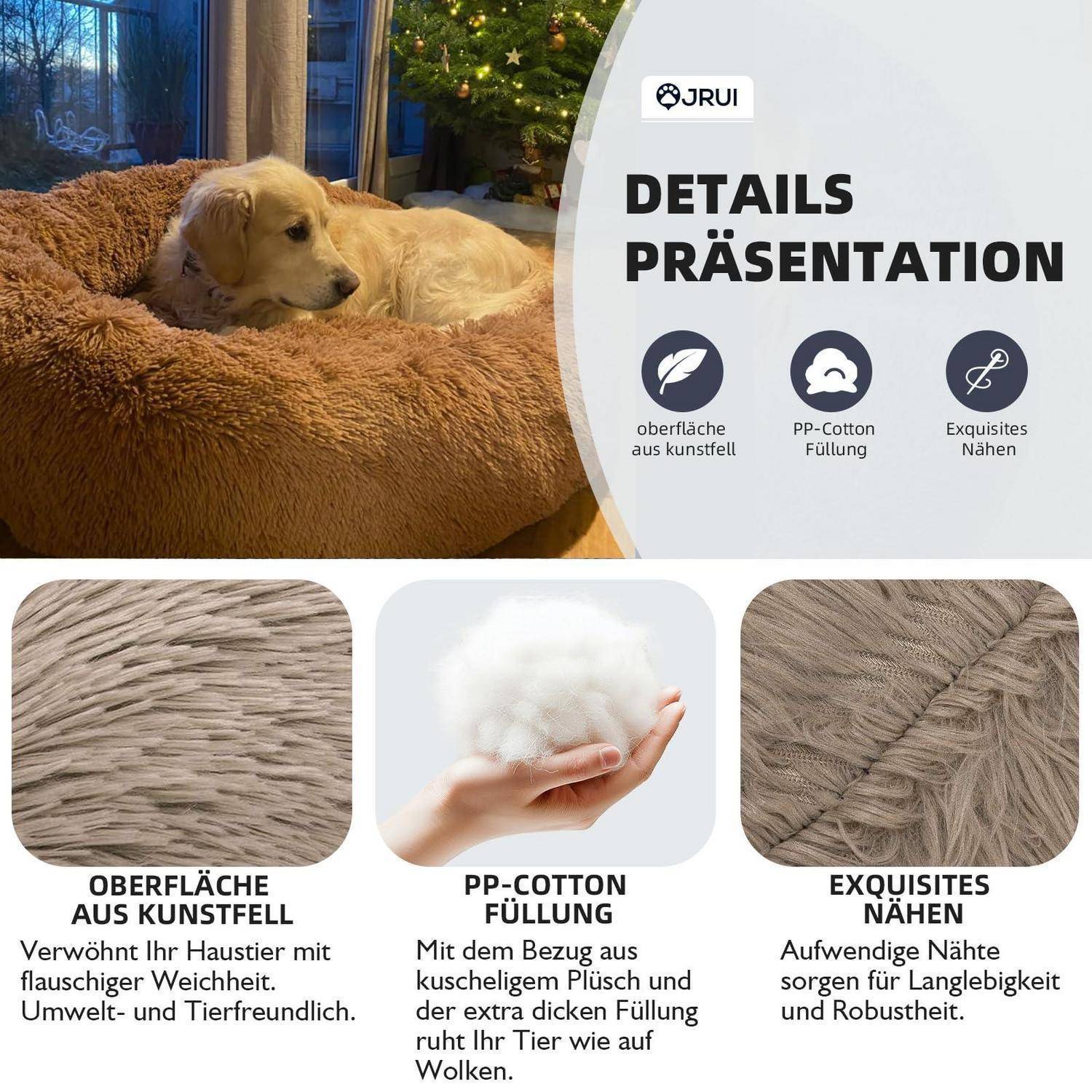 Werbegrafik für ein Hundebett mit einem Golden Retriever, der auf einem plüschigen braunen Bett liegt, mit deutschen Funktionsangaben: 'Details Präsentation', 'Oberfläche aus Kunstfell', 'PP-Cotton Füllung', und 'Exquisites Nähen'.
