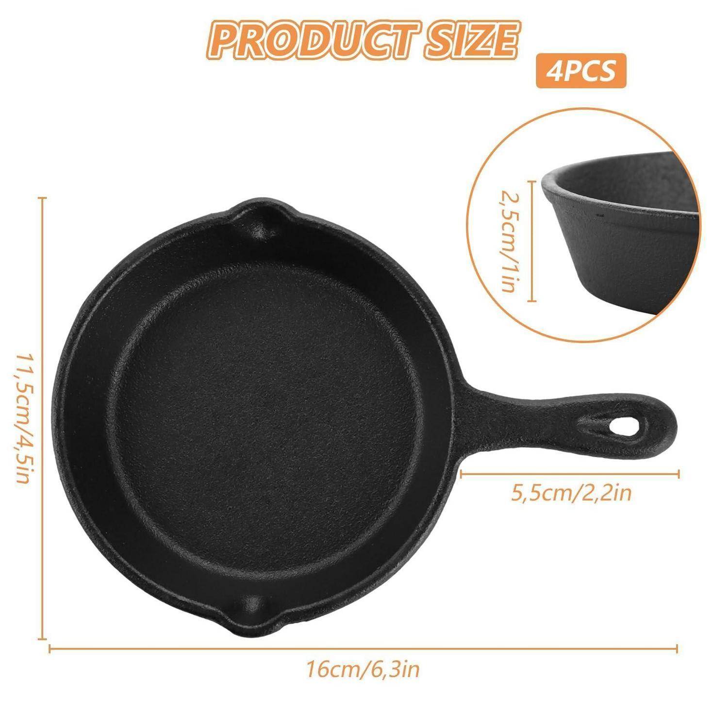 Größentabelle für kleine Gusseisenpfanne, bezeichnet als 4er-Set, mit 16 cm Durchmesser, 11,5 cm Gesamtlänge, 5,5 cm Grifflänge und 2,5 cm Tiefe.