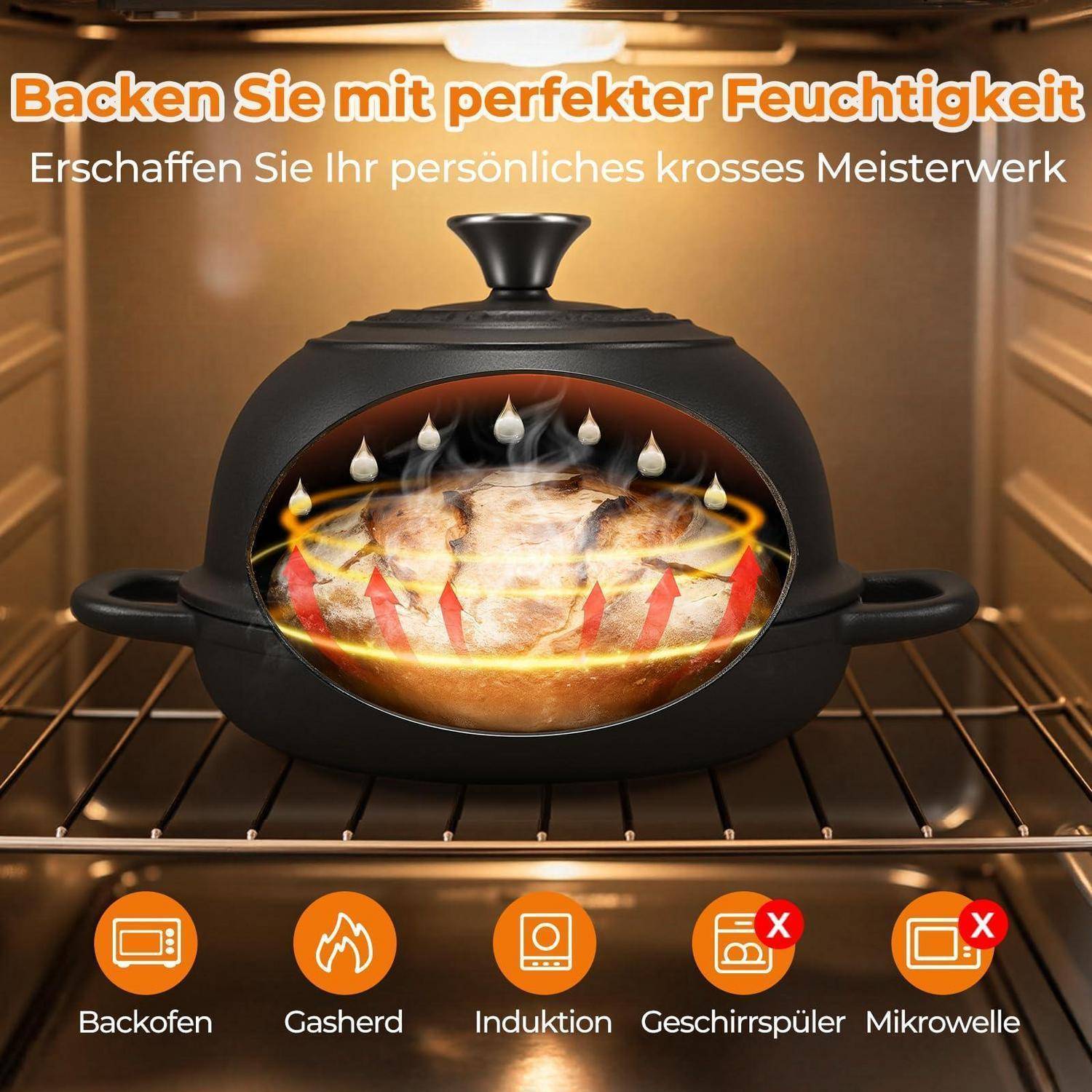 Werbegrafik für einen schwarzen Brotbacktopf im Ofen, mit Text 'Backen Sie mit perfekter Feuchtigkeit' und Icons für Backofen, Gasherd, Induktion, Geschirrspüler und Mikrowelle.