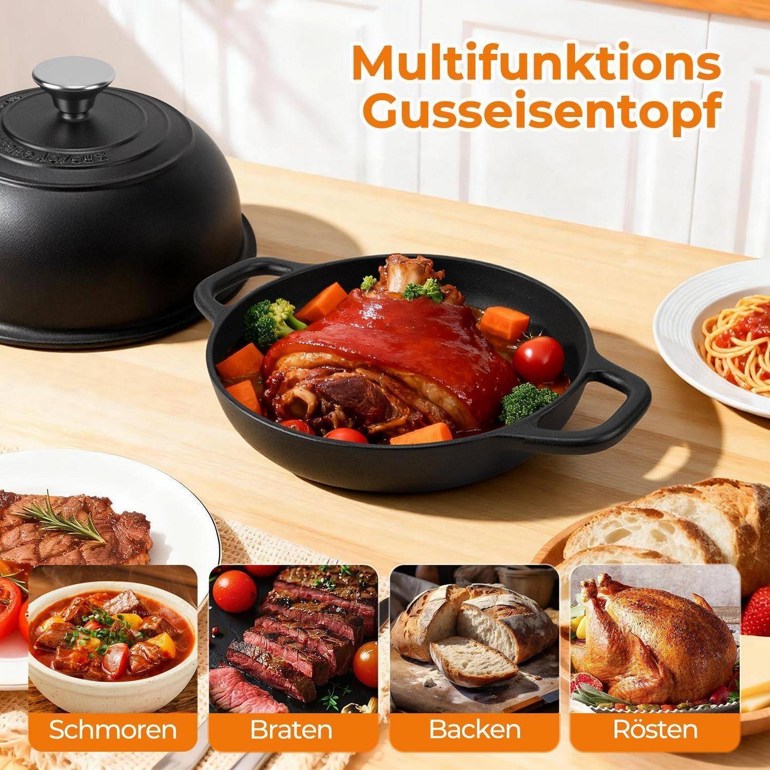 Multifunktions Gusseisentopf mit Schmmorbraten und Gemüse, plus Detailbilder für Schmoren, Braten, Backen und Rösten; deutscher Text liest sich als 'Multifunktions Gusseisentopf' und 'Schmoren', 'Braten', 'Backen', 'Rösten