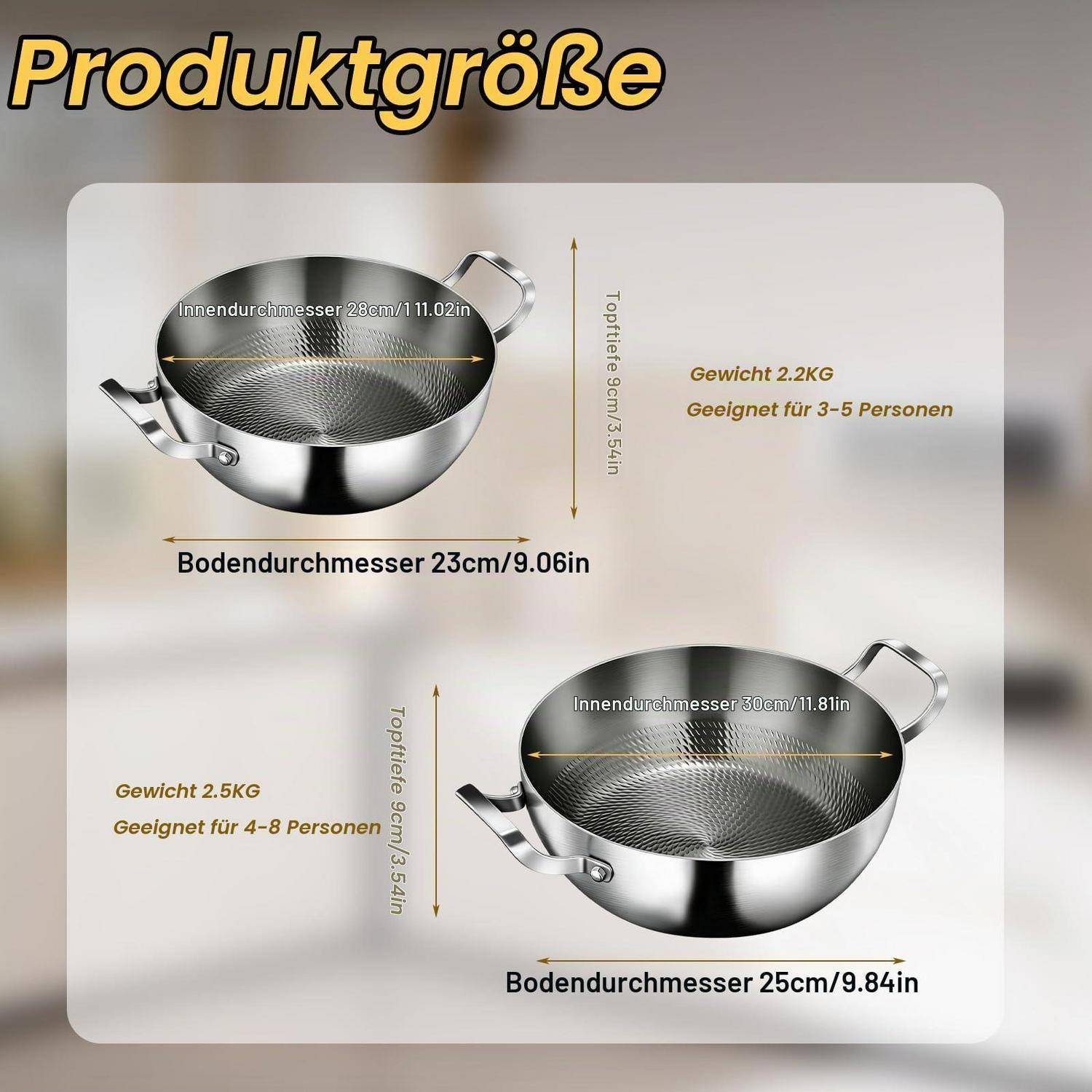 Deutsches Produktgrößendiagramm mit zwei Edelstahl-Woks: 28 cm Innendurchmesser, 23 cm Boden, 13 cm Höhe für 3-5 Personen; 30 cm Innendurchmesser, 25 cm Boden, 15 cm Höhe für 4-8 Personen.