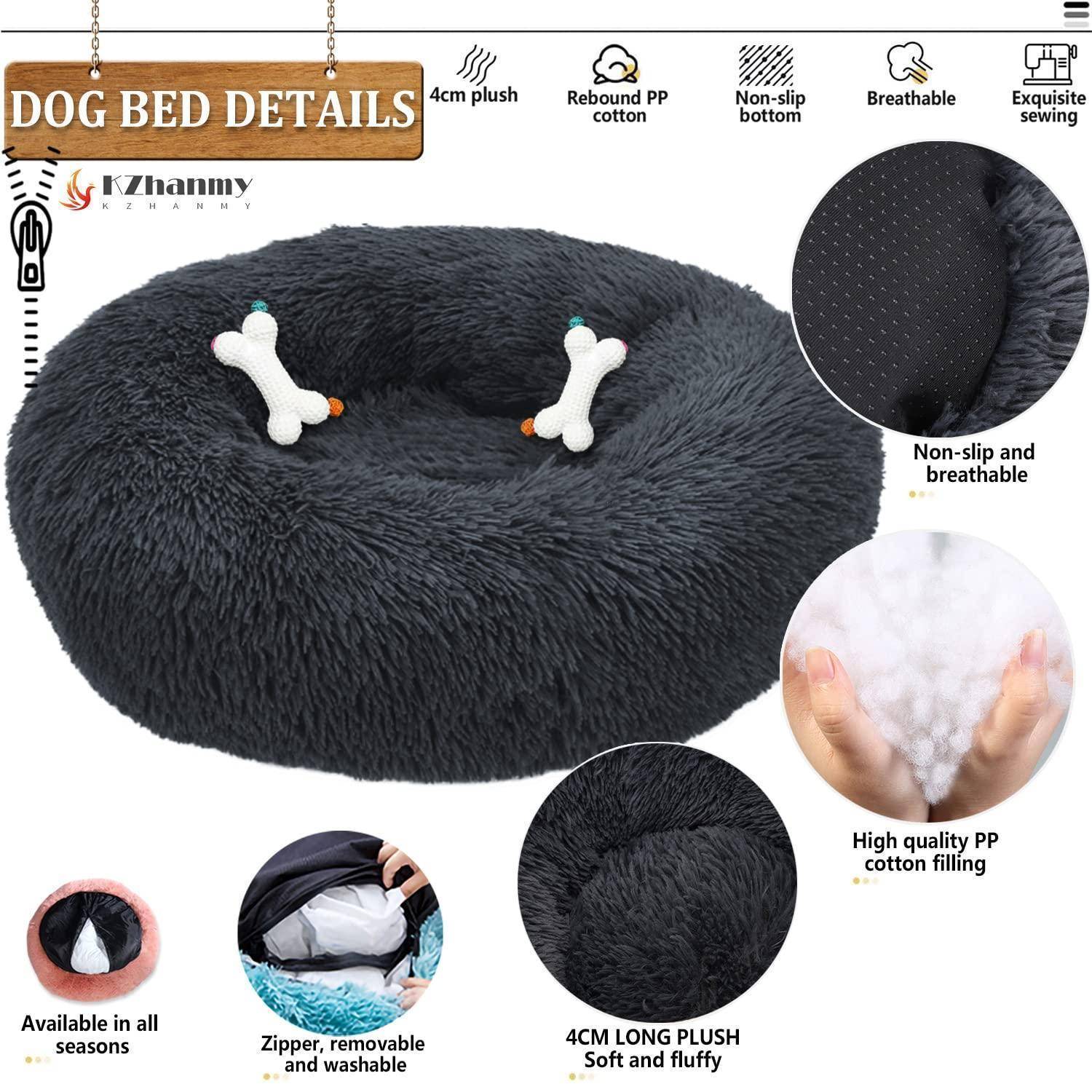 Produktgrafik eines runden dunkelgrauen Hundebettes mit Beschriftungen, die 4 cm Plüsch, PP-Baumwollfüllung, rutschfester atmungsaktiver Boden, Reißverschluss abnehmbarer waschbarer Bezug und weiches flauschiges Aussehen hervorheben.
