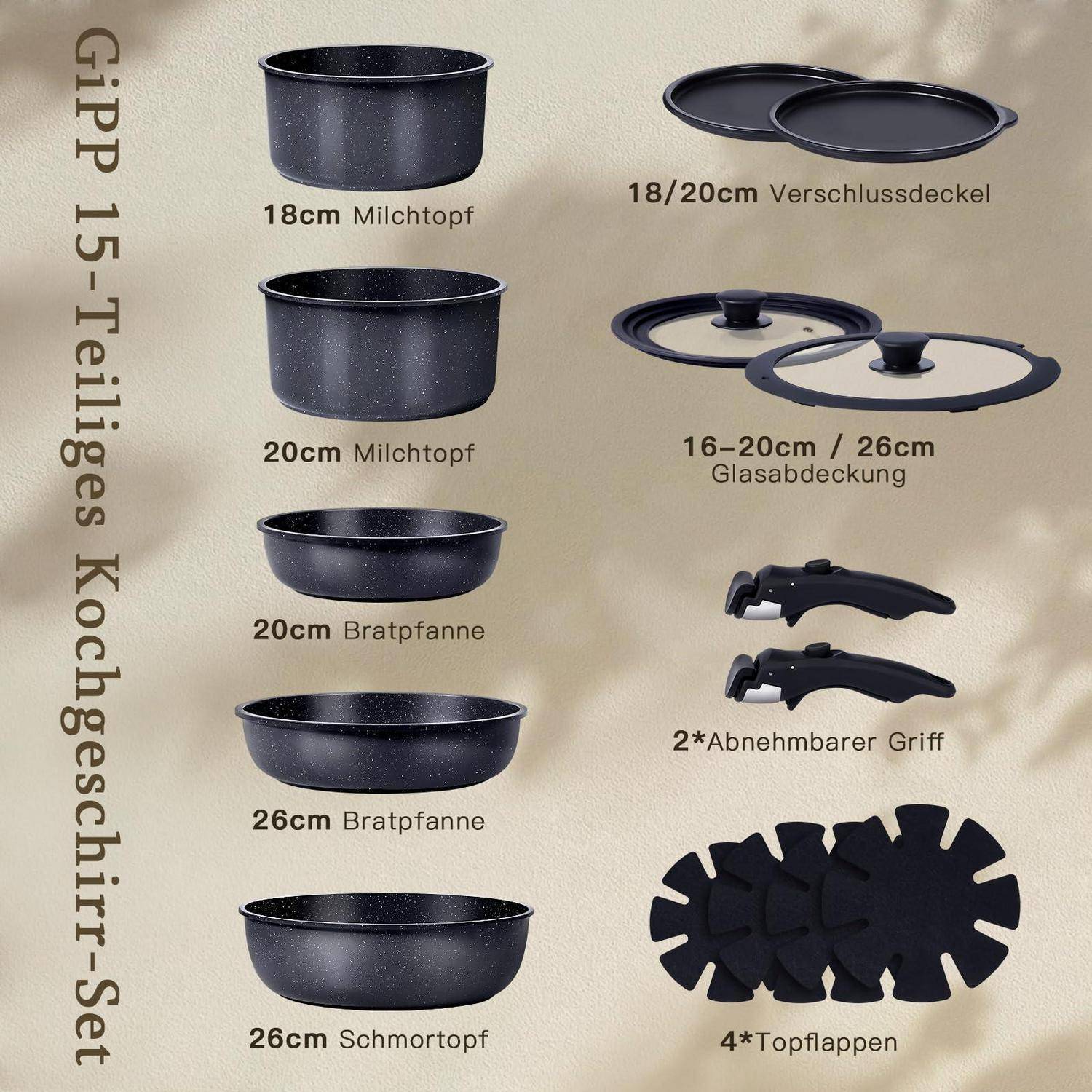 Produktcollage eines 15-teiligen Kochgeschirr-Sets, das Töpfe, Bratpfannen, Deckel, einen abnehmbaren Griff und vier Topflappen zeigt, mit deutschen Beschriftungen und Größen von 18cm bis 26cm.
