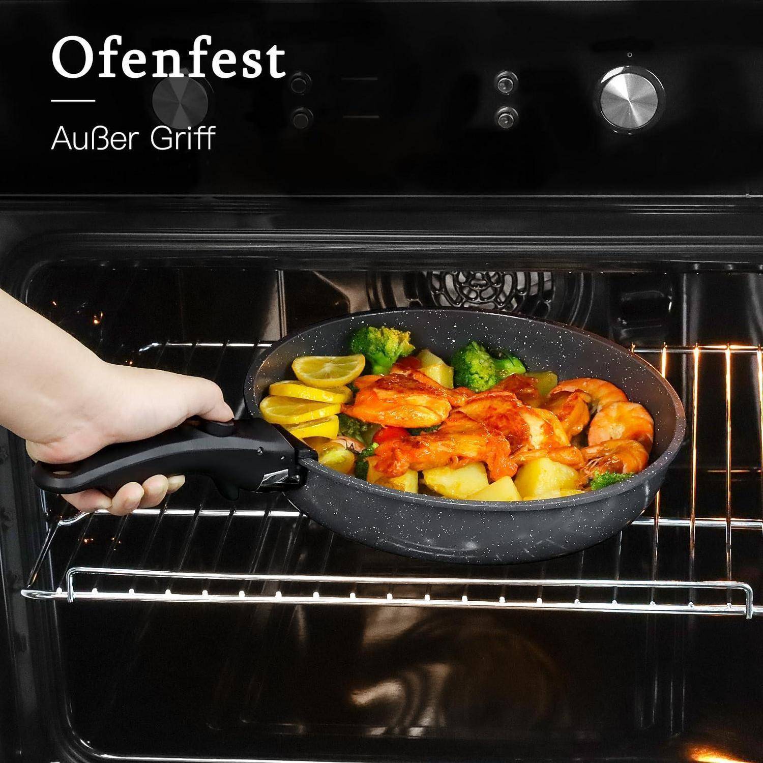 Hand, die eine Pfanne mit gebratenem Hühnchen, Kartoffeln, Brokkoli und Zitrone in einen Ofen stellt; Text liest sich „Ofenfest" und „Außer Griff"".