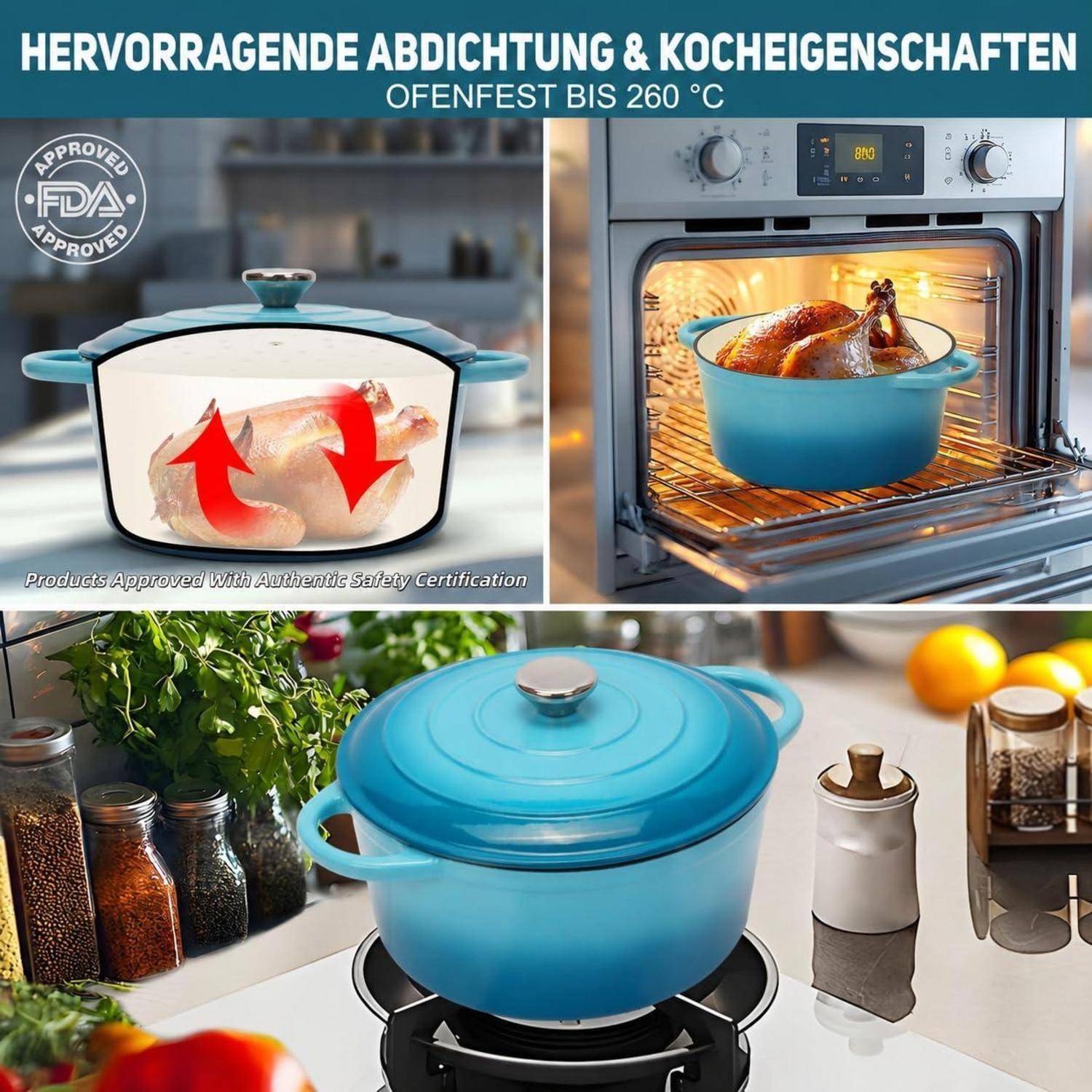 Werbebild einer Kasserolle mit blauem Deckel, die auf einem Kochfeld und in einem Ofen gezeigt wird, mit Hervorhebung der Hitzebeständigkeit bis 260°C und FDA-zugelassener Versiegelung