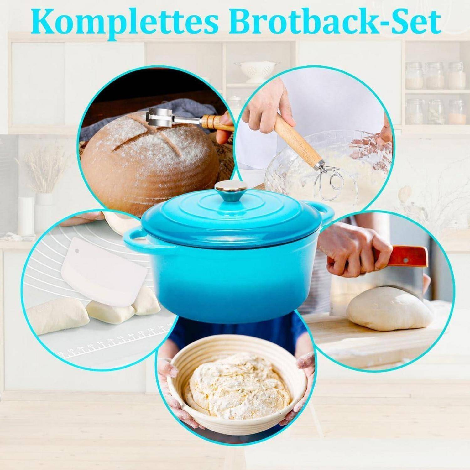 Werbebild eines blaudeckeligen Dutch Oven mit der Bezeichnung „Komplettes Brotback-Set", mit eingefügten Fotos, die Brotbacken und Teigzubereitungswerkzeuge zeigen.