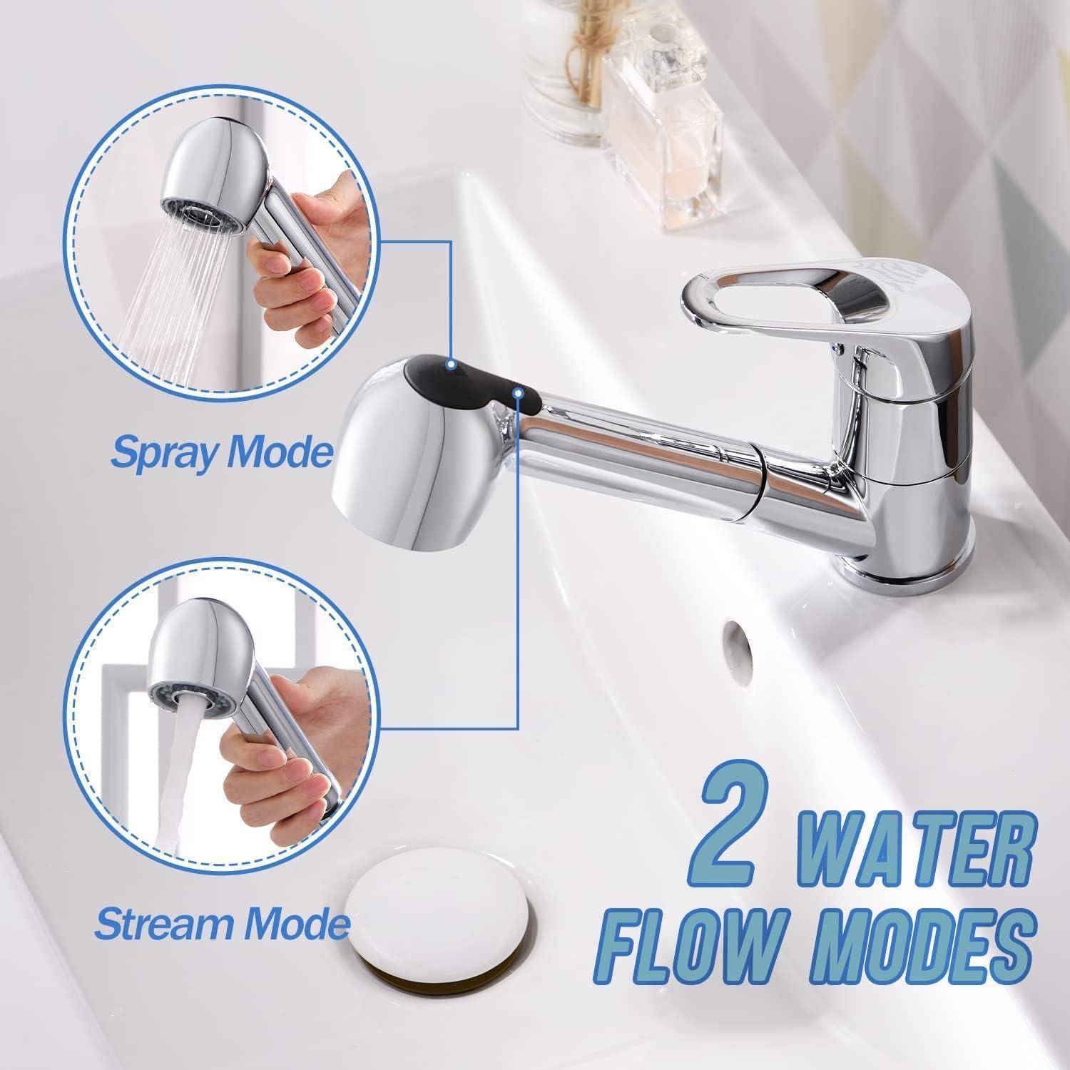 Chromhahn-Belüfter mit 2 Wasserdurchflussmodi: Sprühmodus und Strahlmodus.