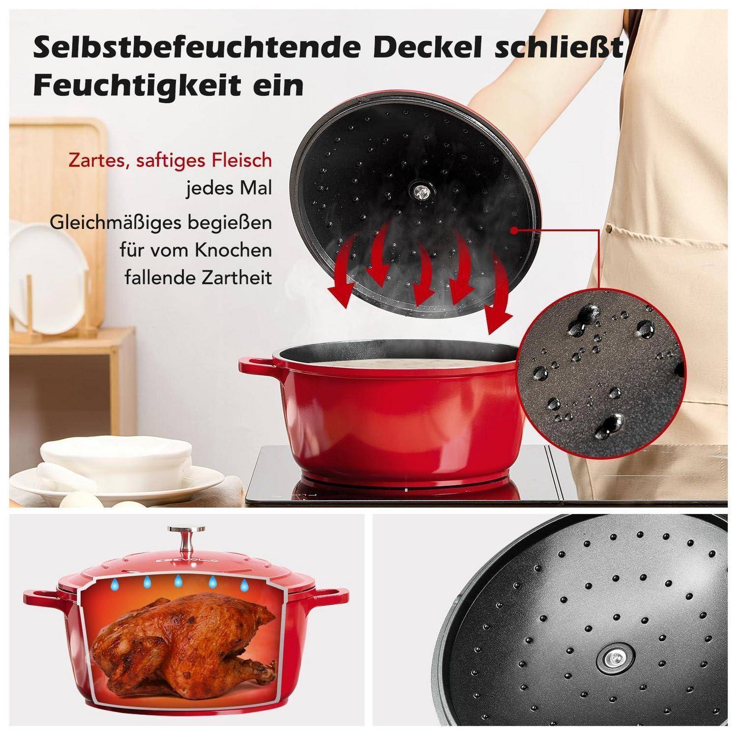 Infografik eines roten Topfs mit selbstbastirendem Deckel, der Feuchtigkeit speichert, mit Dampf und Tropfen, die das Fleisch zart halten; umfasst Topfinnenseite und Deckeldetailansicht.