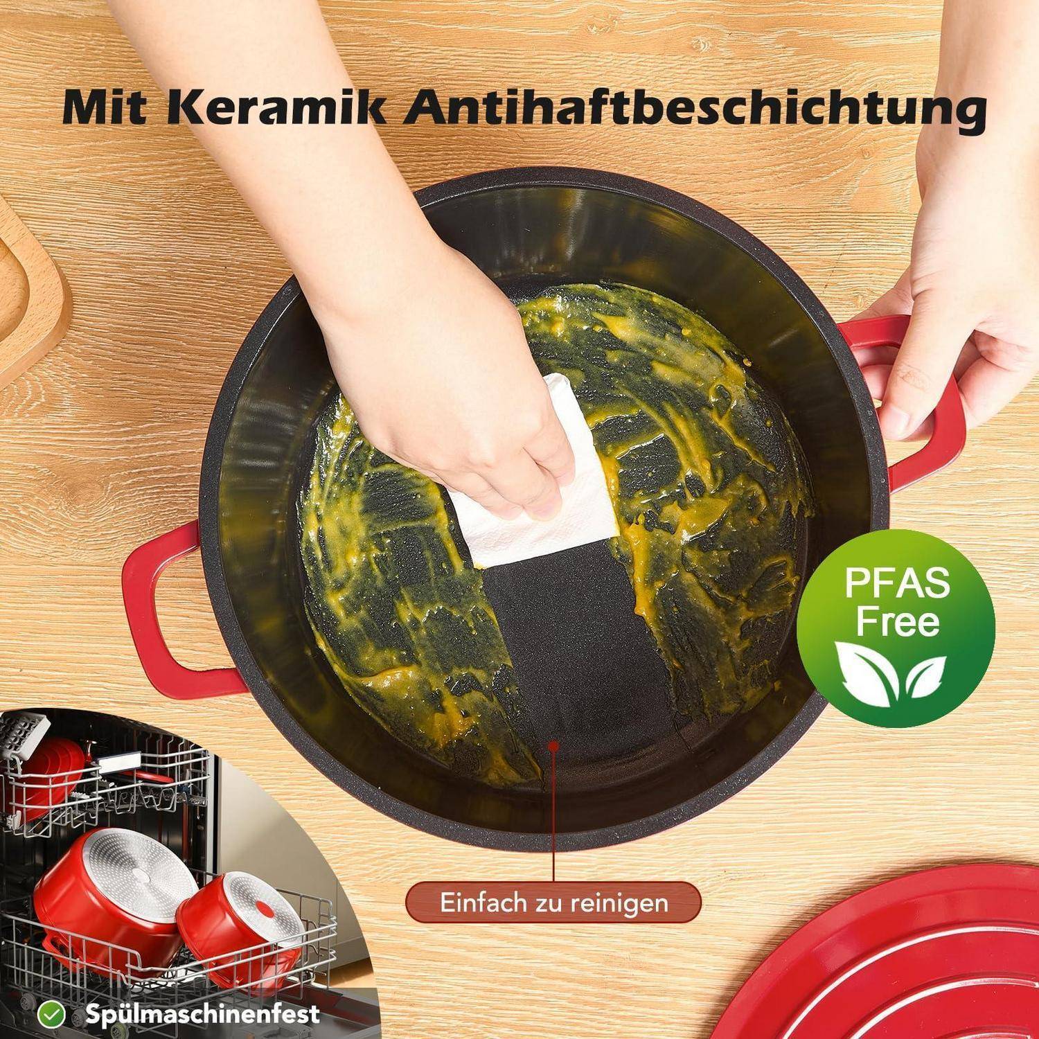 Werbebild einer Antihaftpfanne aus Keramik, die gerade abgewischt wird, mit den Aufschriften „Mit Keramik Antihaftbeschichtung" und „PFAS-frei"", sowie Hervorhebungen für spülmaschinenfest und leicht zu reinigen.