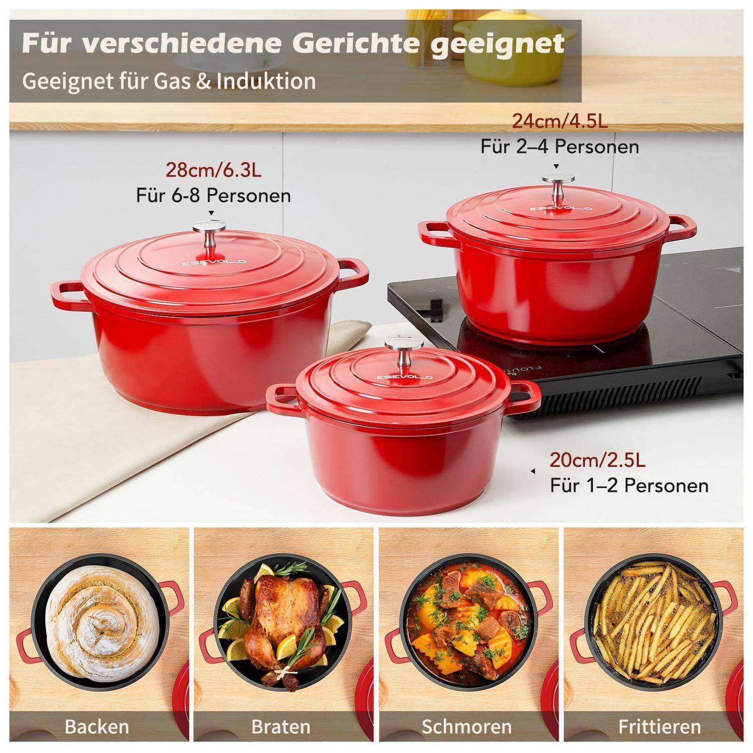Anzeige zeigt rot emaillierte Gusseisen-Töpfe für Gas und Induktion in drei Größen: 28 cm/6,3L für 6-8 Personen, 24 cm/4,5L für 2-4 und 20 cm/2,5L für 1-2 Personen; untere Bilder zeigen Backen, Braten, Schmoren und Braten.