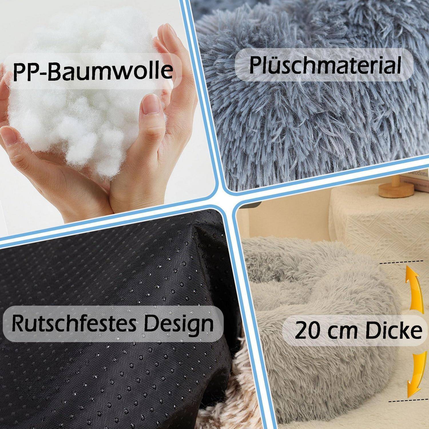 Collage mit Produktmerkmalen: PP-Baumwollfüllung, Plüschmaterial, rutschfestes Design und 20 cm Dicke eines grauen Haustierbetts oder Kissens.