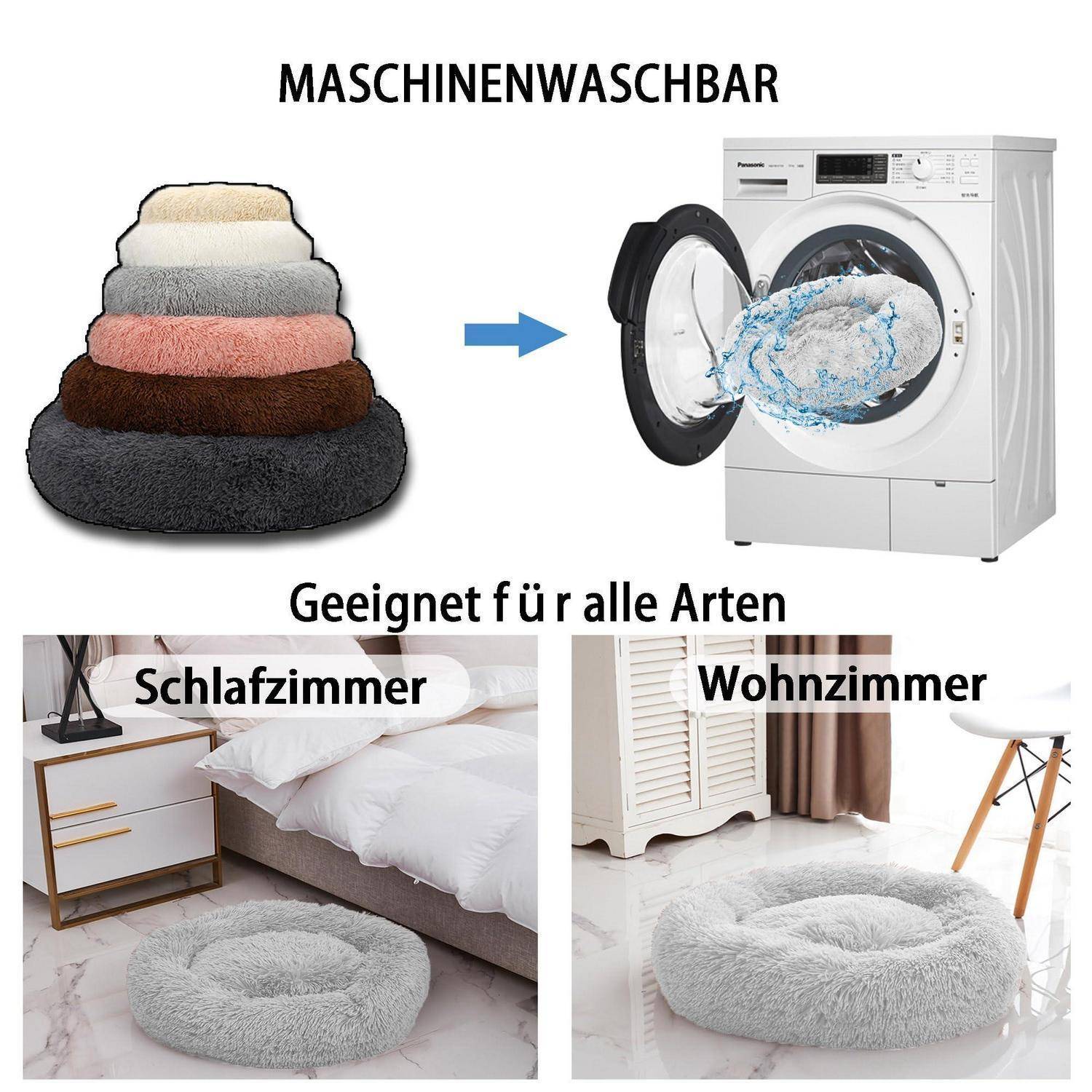 Hundebett Katzenbett Ø140cm Schwarz Orthopädisch Anti-Rutsch Waschbar