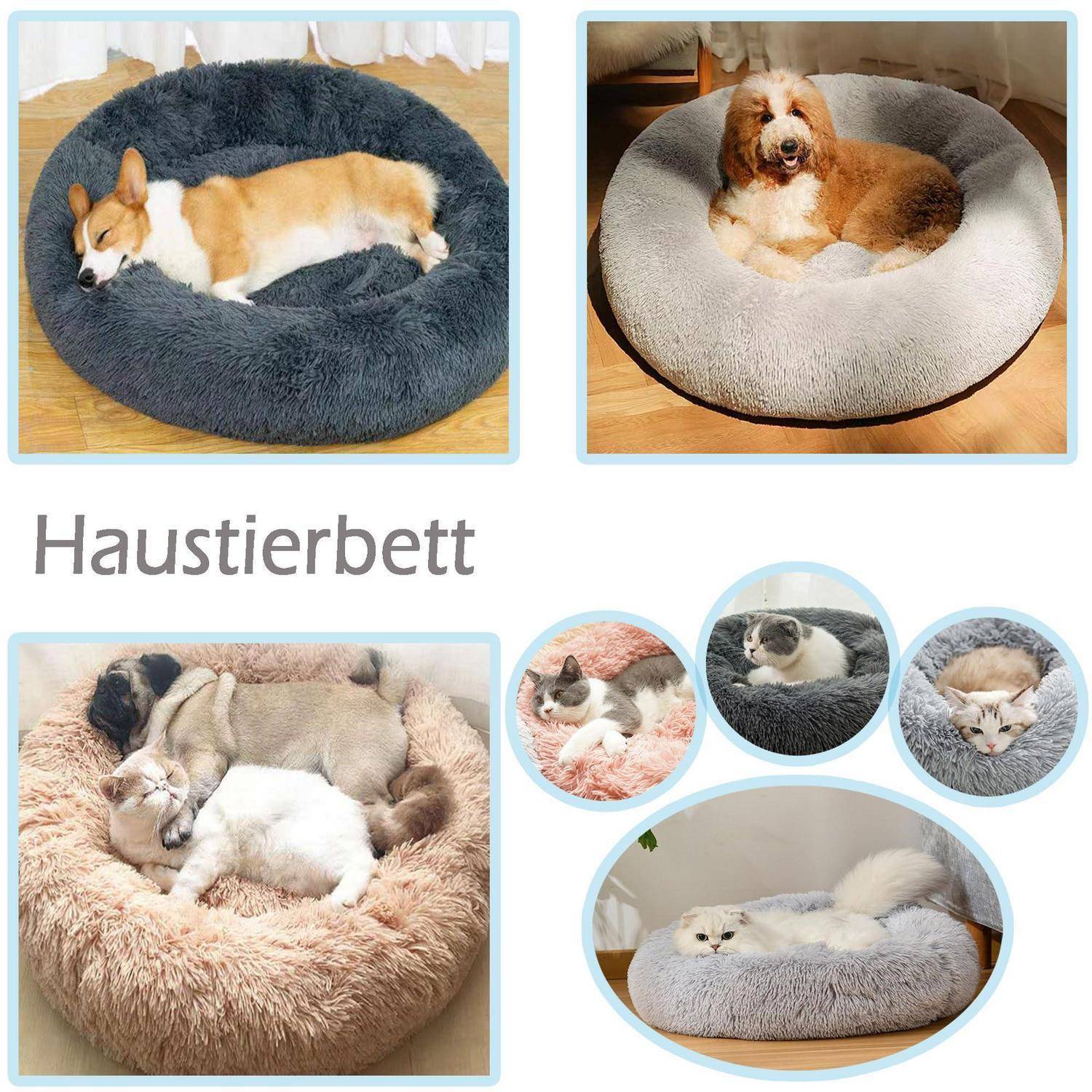 Collage von Hunden und Katzen, die in runden, plüschigen Haustierbetten schlafen, mit dem Label „Haustierbett" (Haustierbett).