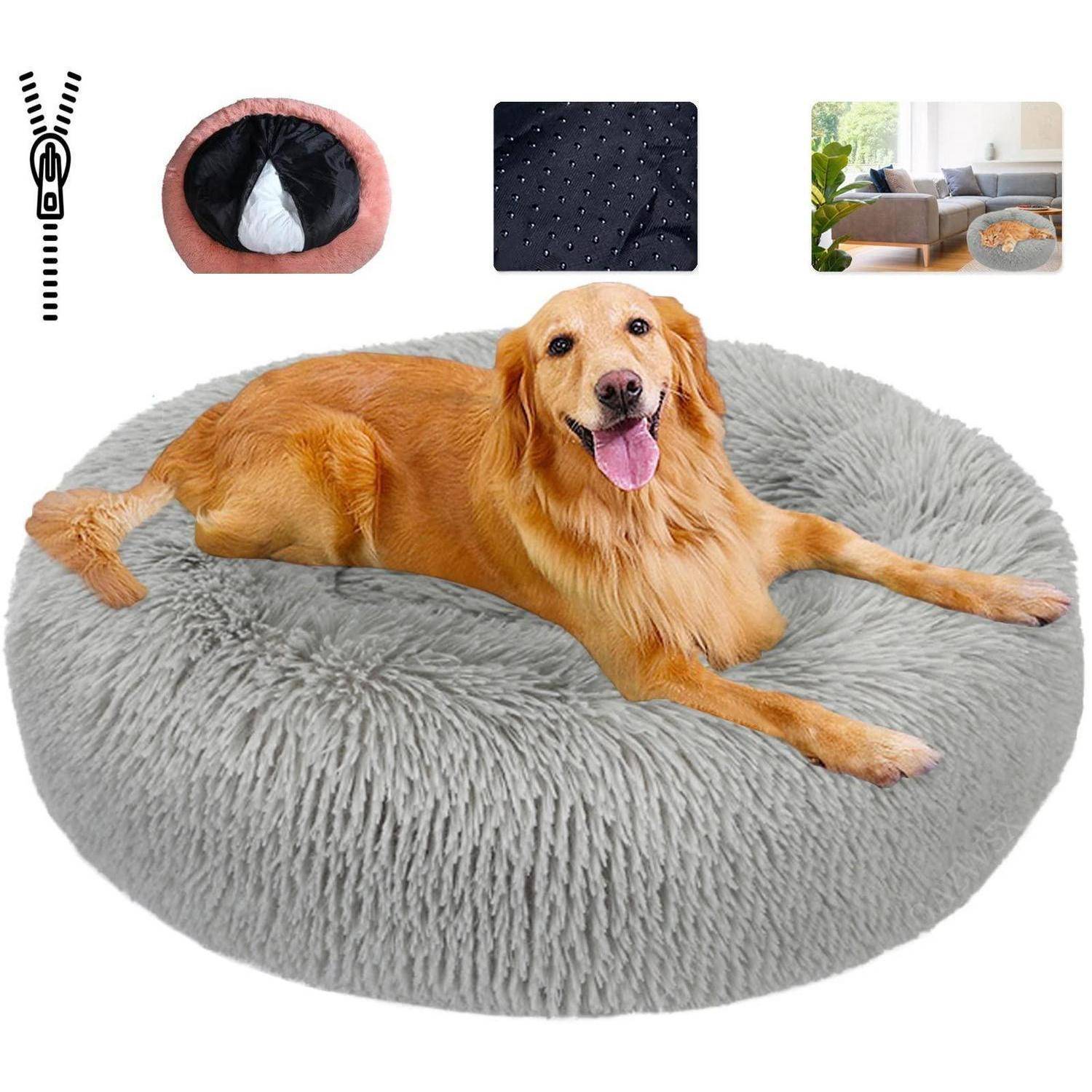 Goldenretriever, der auf einem großen grauen plüschigen runden Hundebett liegt; kleine Einsätze zeigen Reißverschluss, innere Füllung, Stofftextur und Raumnutzung.