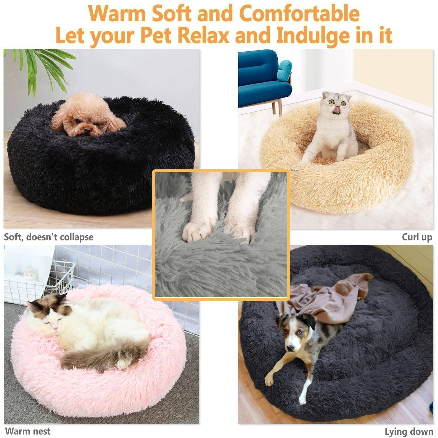 Werbecolalage mit flauschigen Haustierbetten, auf denen Hunde und Katzen zusammengerollt, liegend und ruhend auf weichen Betten in Schwarz, Creme, Rosa und Grau gezeigt werden, wobei Wärme und Unterstützung hervorgehoben werden.