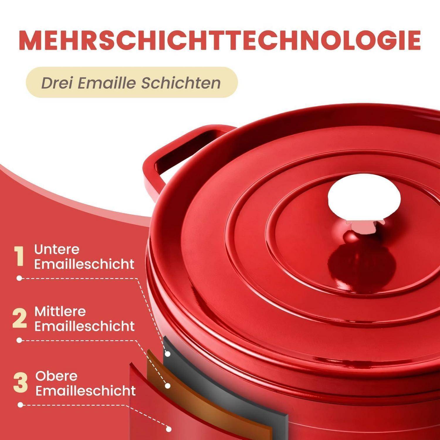 Emaille Brotbacktopf Schmortopf 2,75L Rot mit Deckel