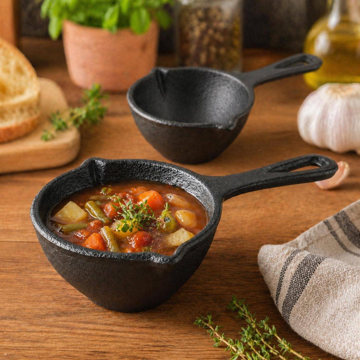 Gusseiserne Schüssel mit Gemüsesuppe auf einem Holztisch, mit Brot und Knoblauch im Hintergrund.