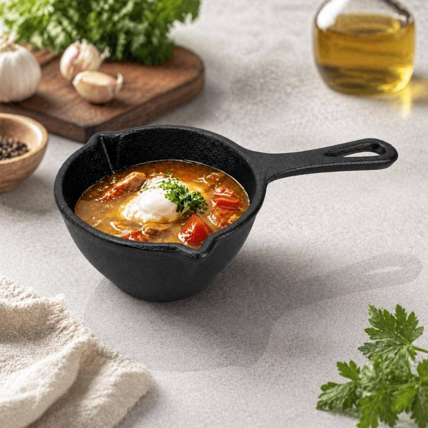 Gusseiserne Pfanne mit einem gebackenen Ei in Tomatensauce, garniert mit Petersilie, auf einer Küchenarbeitsplatte mit Knoblauch und Olivenöl in der Nähe.