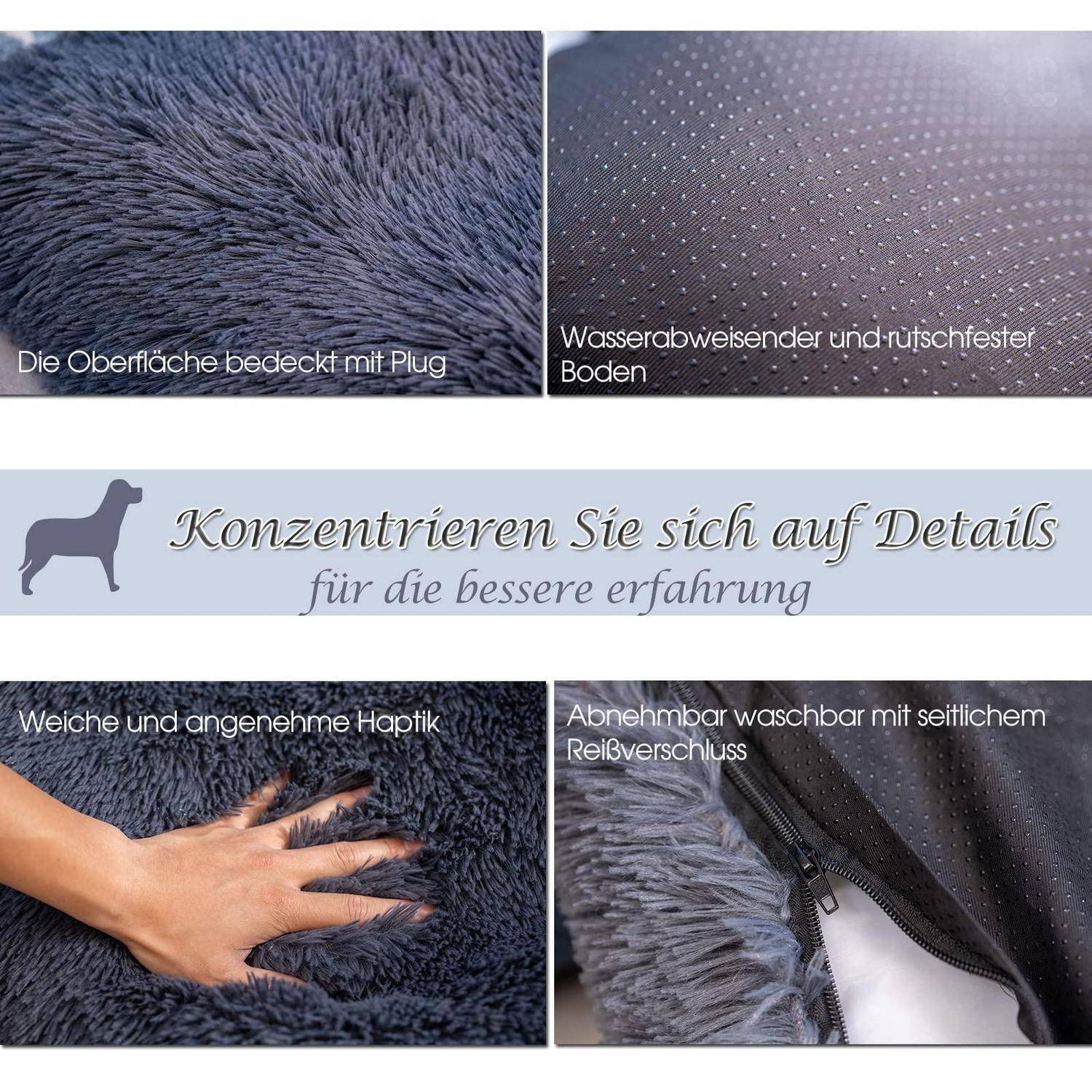 Werbegrafik für eine Haustiermatte mit Plüschoberfläche, wasserfester rutschfester Rückseite, weicher Anfühlung und abnehmbarem waschbarem Bezug mit Seitennreißverschluss; Text lautet „Konzentrieren Sie sich auf Details für ein besseres Erlebnis".