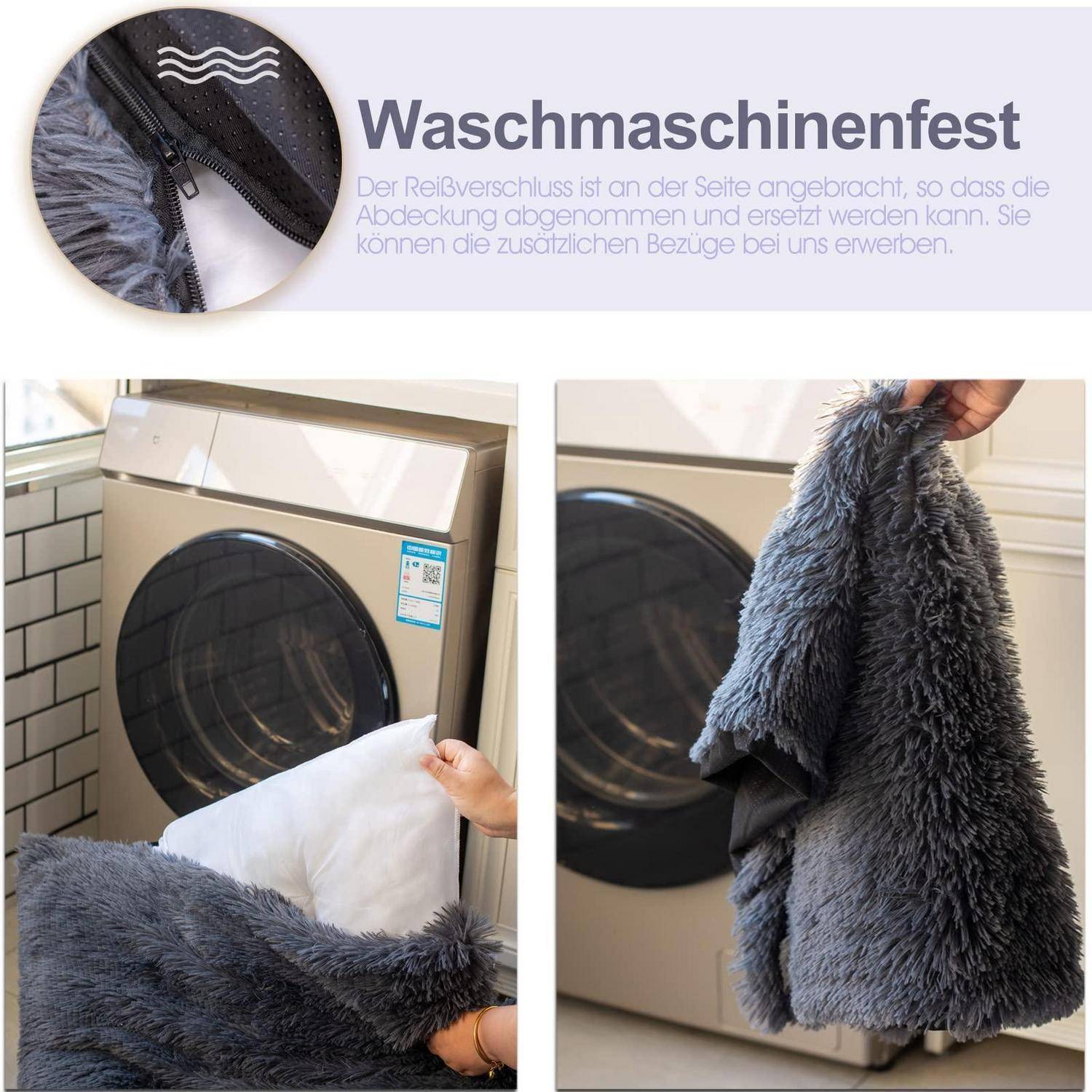 Anleitungsgrafik zum Waschen einer waschmaschinengeeigneten Kunstfell-Deckenhusse, die eine Waschmaschine zeigt und wie die Husse vor dem Waschen entfernt werden kann.