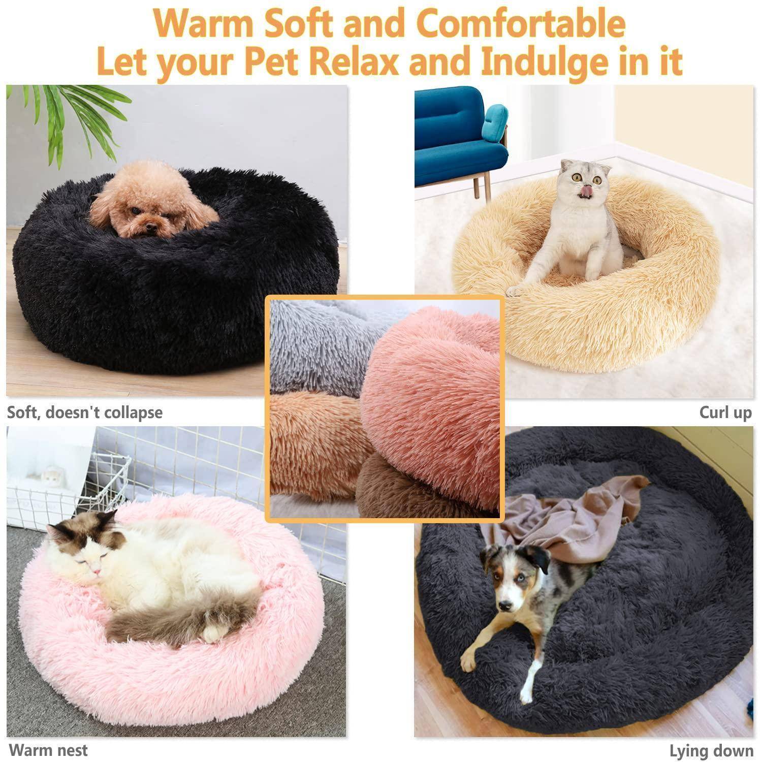 Collage aus flauschigen Haustierbetten in mehreren Farben und Größen, das Hunde und Katzen zeigt, die sich zusammenrollen, liegen und einnisten. Der Titel lautet „Warm, Weich und Bequem – Lassen Sie Ihr Haustier entspannen und genießen".