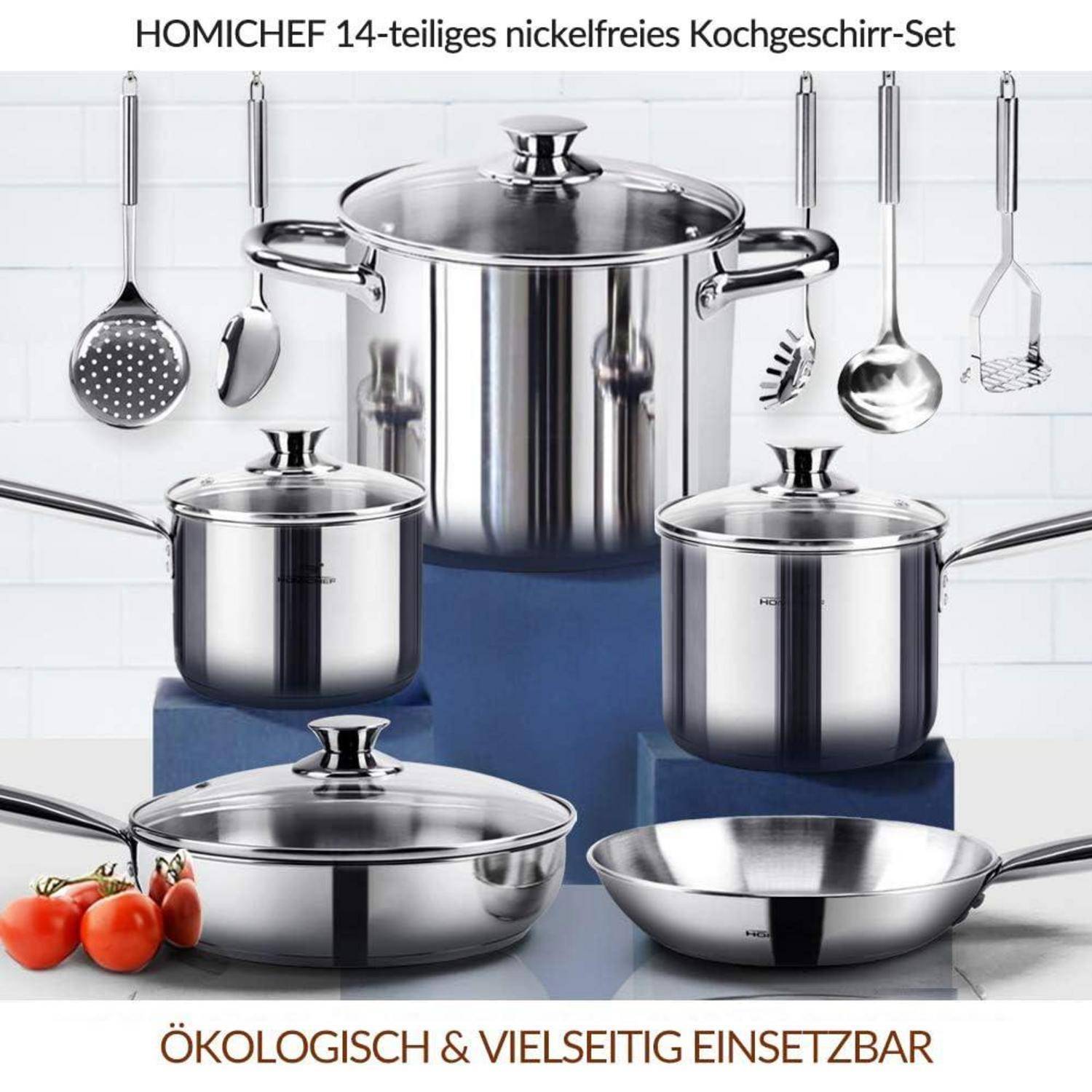 Edelstahl-Kochgeschirr-Set mit sechs Töpfen und Pfannen sowie hängenden Küchenutensilien; deutscher Text wirbt für 'HOMICHEF 14-teiliges nickelfreies Kochgeschirr-Set' und 'ÖKOLOGISCH & VIELSEITIG EINSETZBAR'.