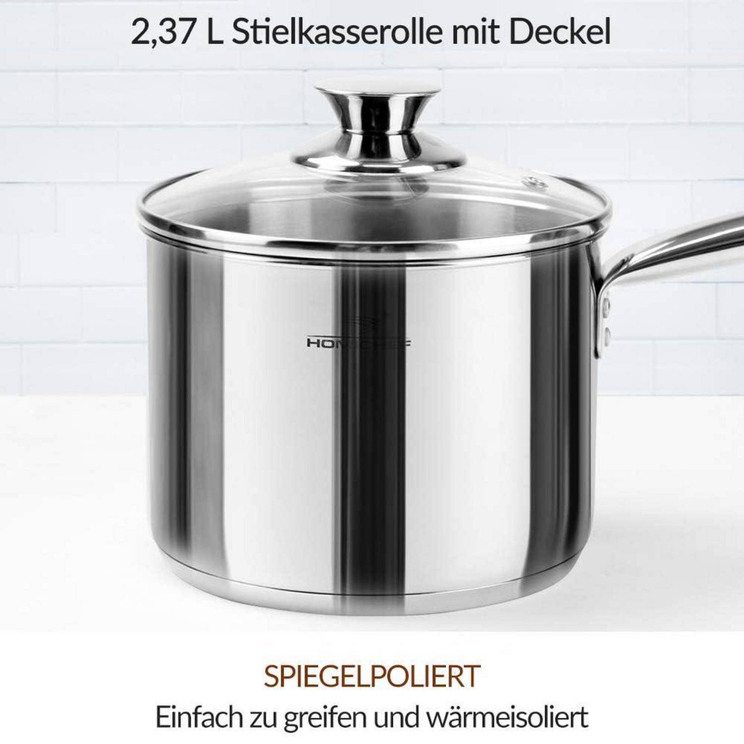 Polierte Edelstahlkasserolle mit 2,37 L Fassungsvermögen, Deckel und langem Griff; Beschriftung lautet „SPIEGELPOLIERT" und „Einfach zu greifen und wärmeisoliert"".