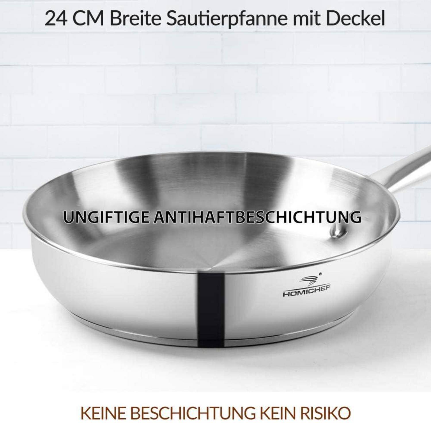 Eine Edelstahlbratpfanne mit Deckel, auf Deutsch gekennzeichnet mit 24 cm Breite, Antihaft-Beschichtung und ohne Beschichtungsrisiko.