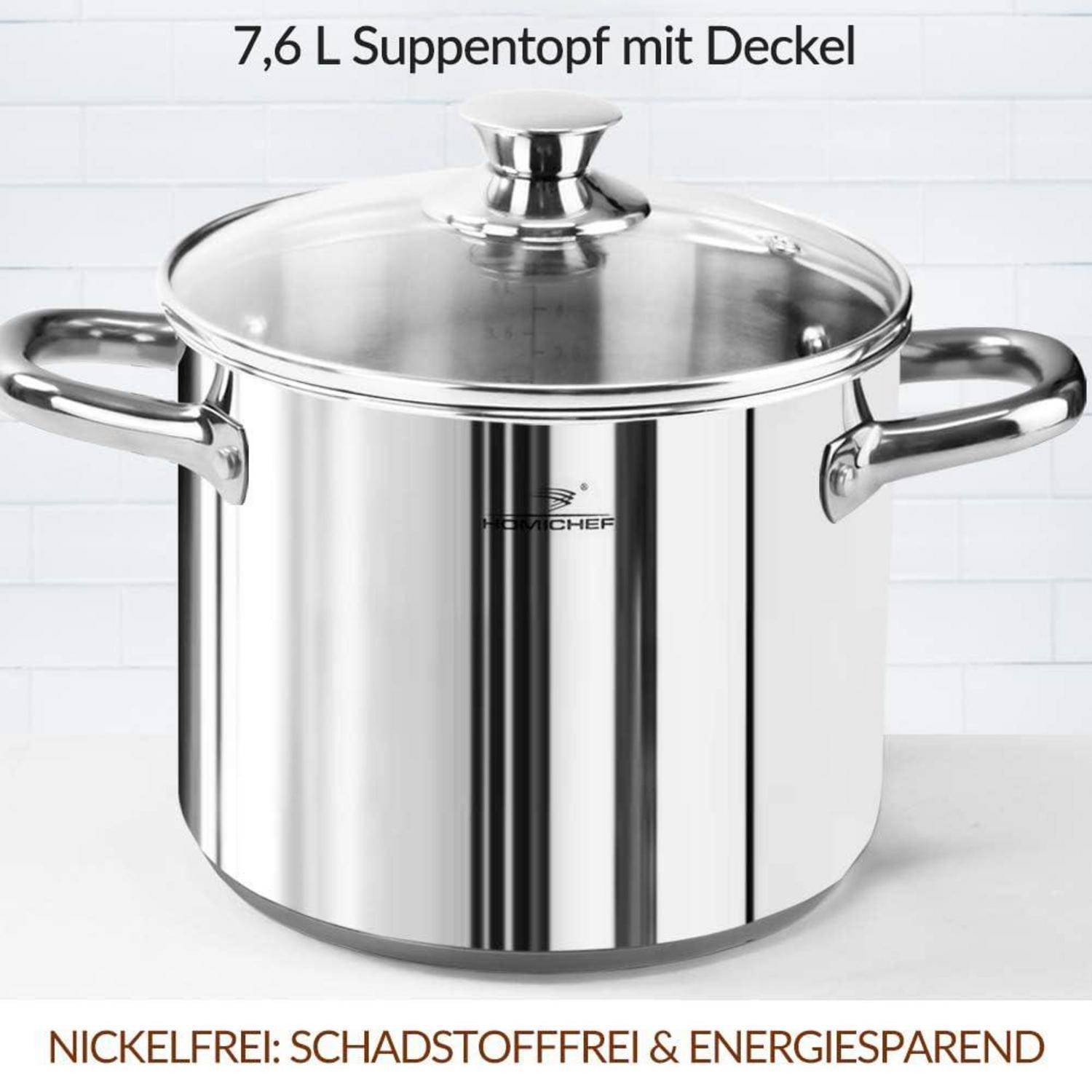 Glänzender Edelstahltopf mit Glaskdeckel und Seitengriffen, mit der Aufschrift 7,6 L, mit Aufschriften zu nickelfreiheit, Ungiftigkeit und Energieeffizienz.