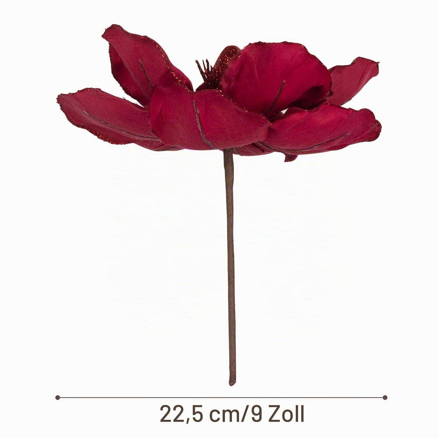 Roter künstlicher Blumenstiel mit burgunderfarbenen Blütenblättern, beschriftet 22,5 cm/9 Zoll lang auf weißem Hintergrund.