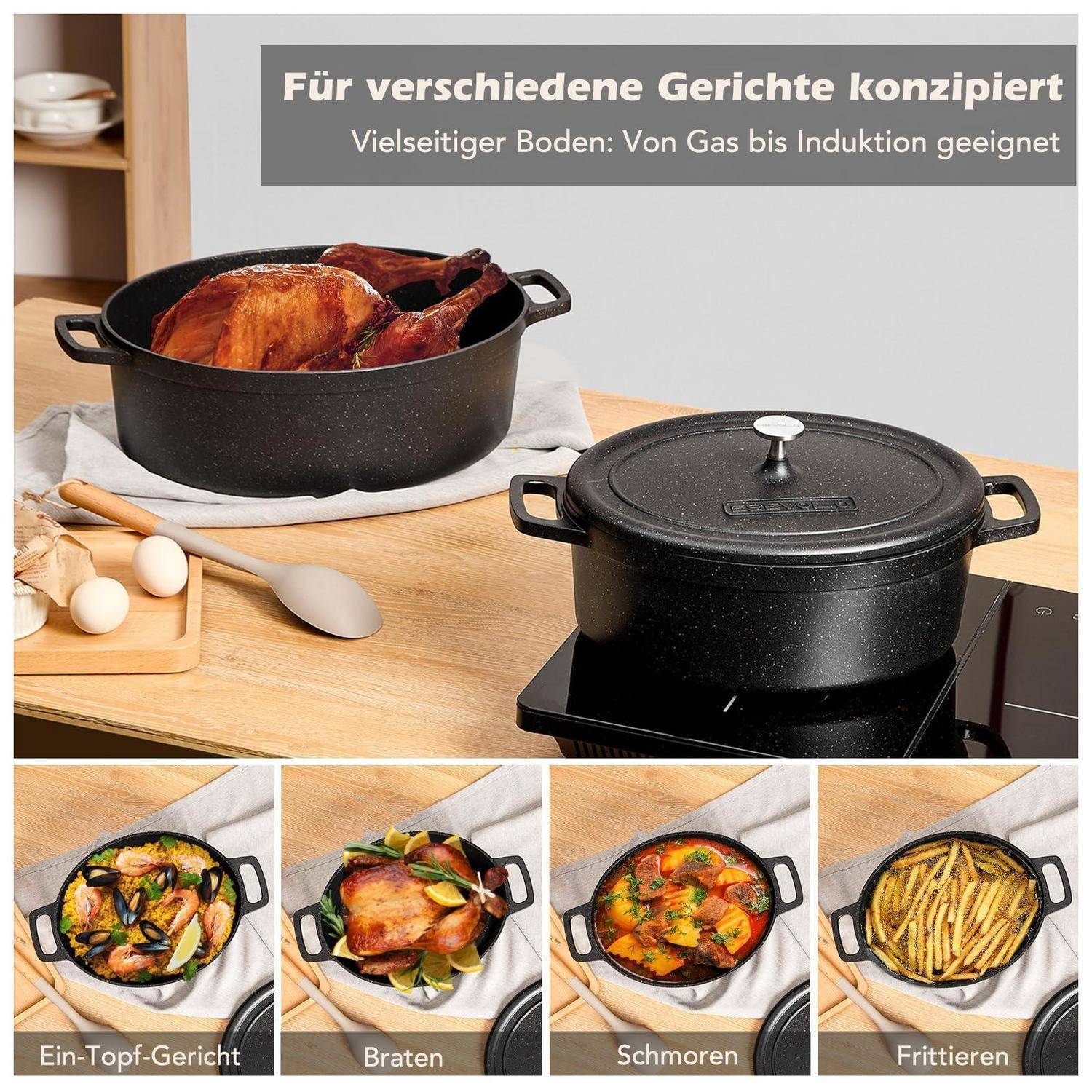 Promotionsbild eines schwarzen gusseisernen Topfs und Deckels auf einem Kochfeld, mit deutschem Text „Für verschiedene Gerichte konzipiert" und vier Kochbeispielen: Eintopfgericht, Braten, Schmoren und Braten.