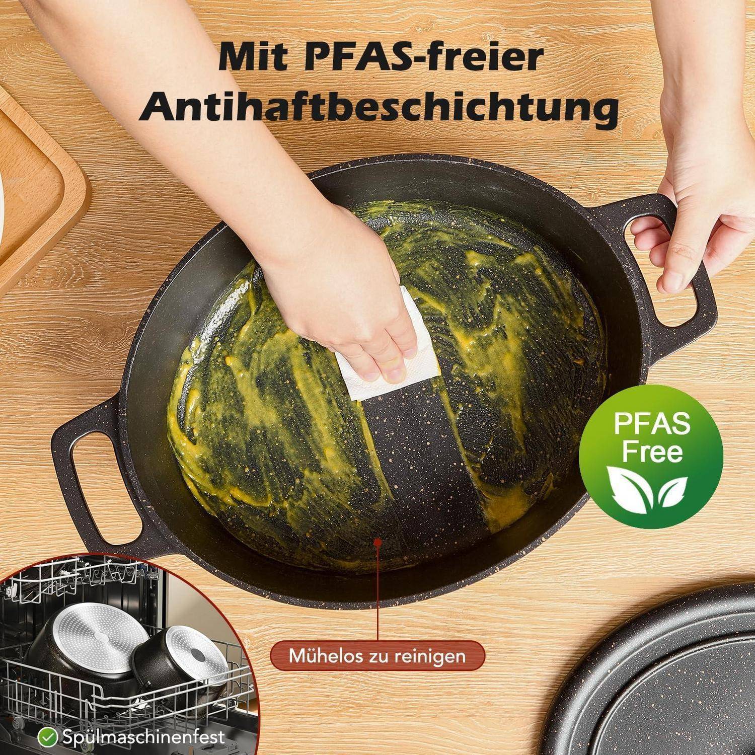 Kind wischt eine fettige schwarze Pfanne, um „Mit PFAS-freier Antihaftbeschichtung" und „PFAS-frei"" zu zeigen; die Bildunterschrift besagt, dass die Pfanne spülmaschinenfest und leicht zu reinigen ist.