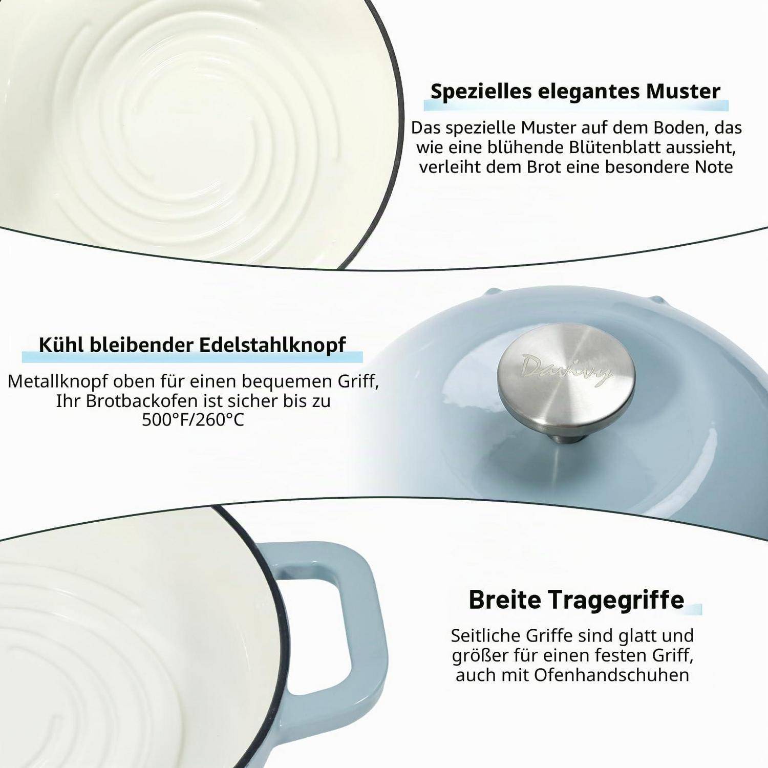 Illustration eines hellblauen Brotbackformgefäßes mit hervorgehobenem dekorativem Basismuster, kühlem Edelstahlknauf und breiten Seitengriffen zum einfachen Greifen mit Ofenhandschuhen.