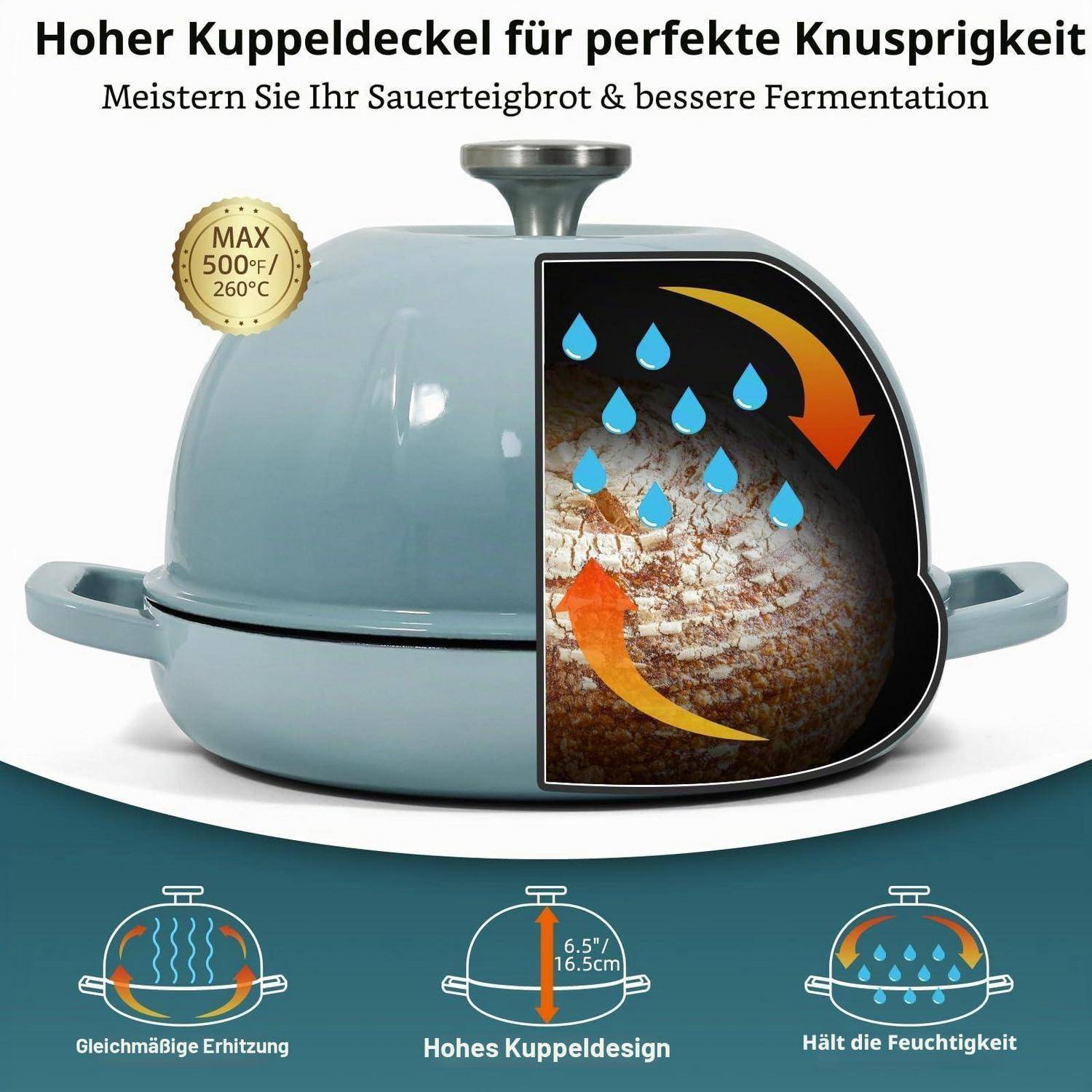 Gusseisen-Brotbacktopf 5,35L Meersalzblau mit Brotschlinge