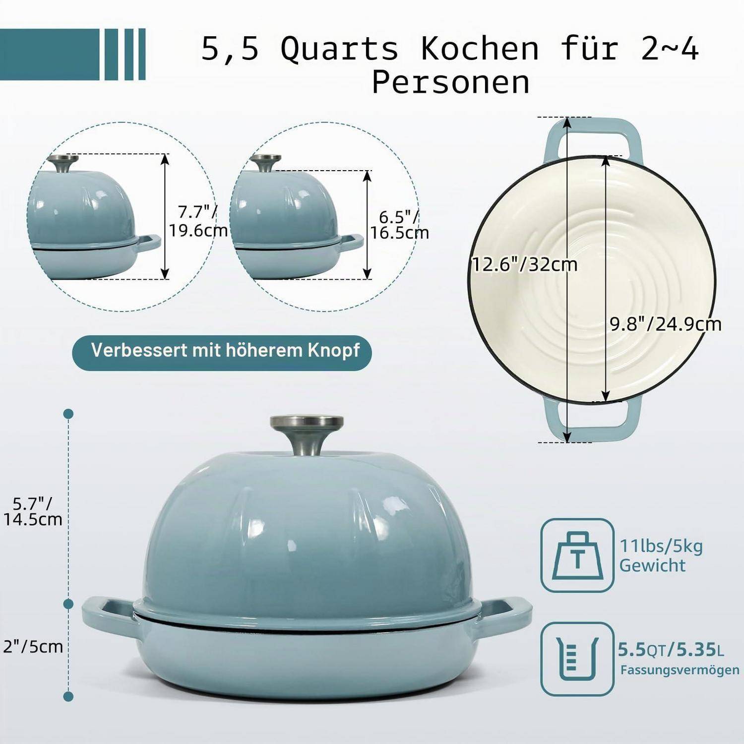 5,5-Quart-Topf mit blauem Deckel und Griffen; Abmessungen mit 12,6 x 9,8 Zoll gekennzeichnet und 5,7 Zoll hoch; passt für 2–4 Personen, wiegt 11 lb, verbesserter höherer Knopf.