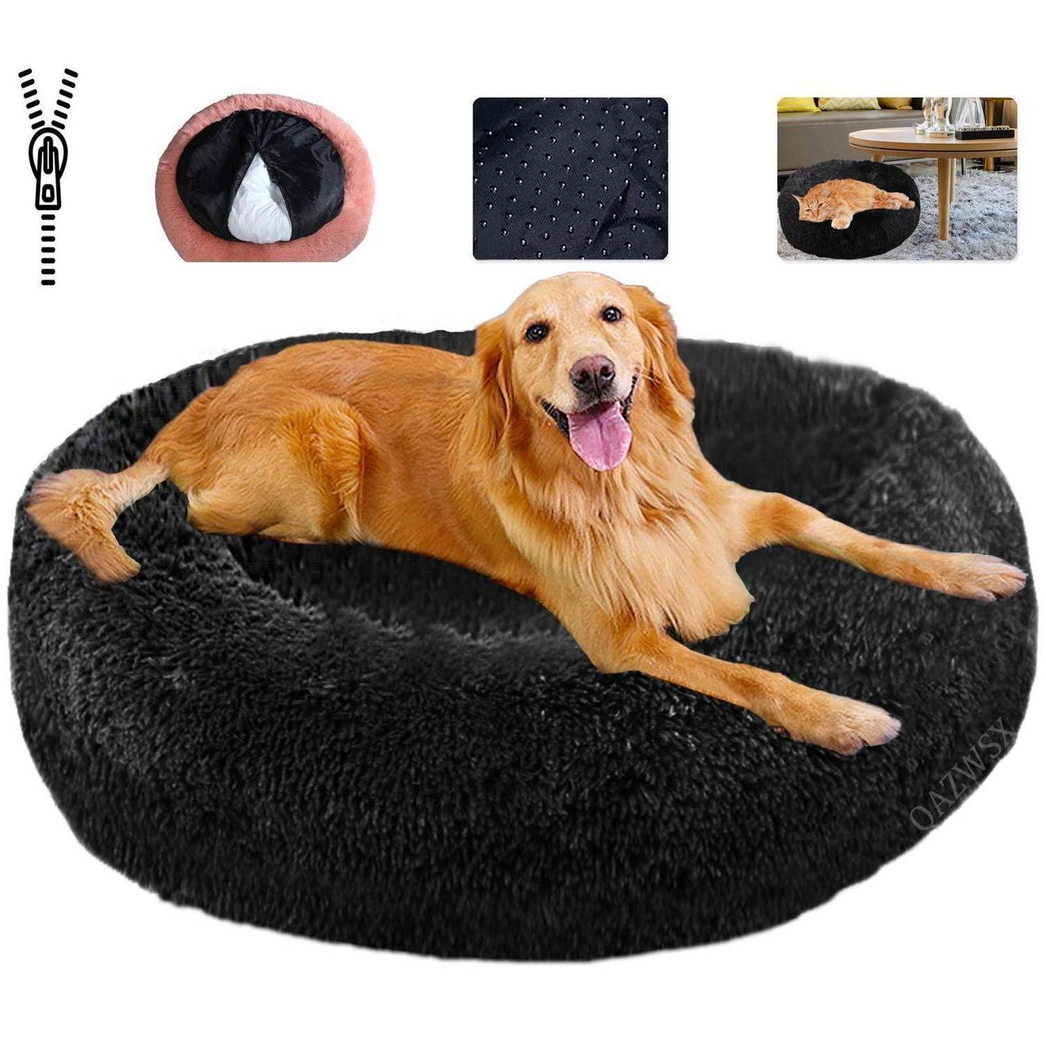 Schwarzes plüschiges rundes Hundebett mit Reißverschluss und waschbarem Bezug, gezeigt mit einem Golden Retriever, der darauf liegt, und kleinen eingefügten Nahaufnahmen des Stoffes und des Kissens.